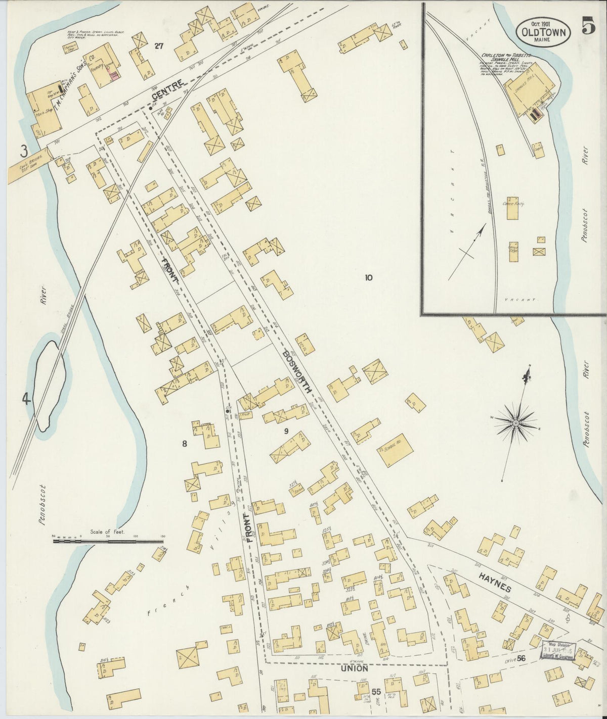 Sanborn Fire Insurance Map from Old Town, Penobscot County, Maine (1901), Sheet #0005 - Historic Sanborn Fire Insurance Map Print, vintage old map wall art, antique decor, genealogy gift, Maine Maine map