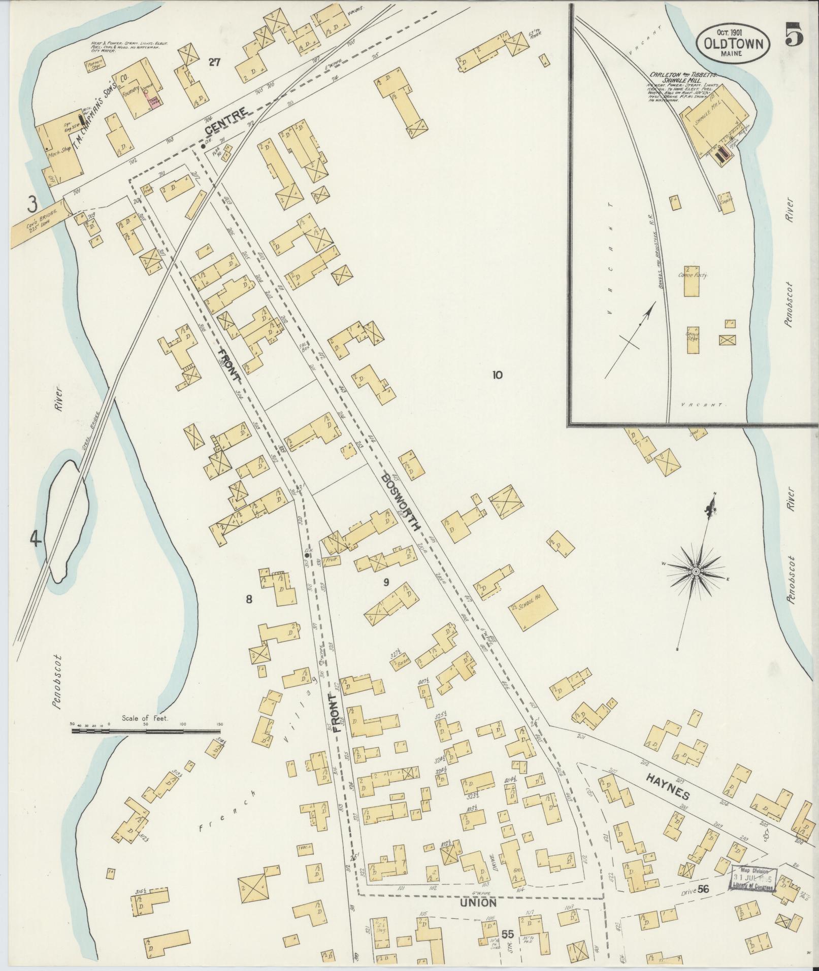 Sanborn Fire Insurance Map from Old Town, Penobscot County, Maine (1901), Sheet #0005 - Historic Sanborn Fire Insurance Map Print, vintage old map wall art, antique decor, genealogy gift, Maine Maine map