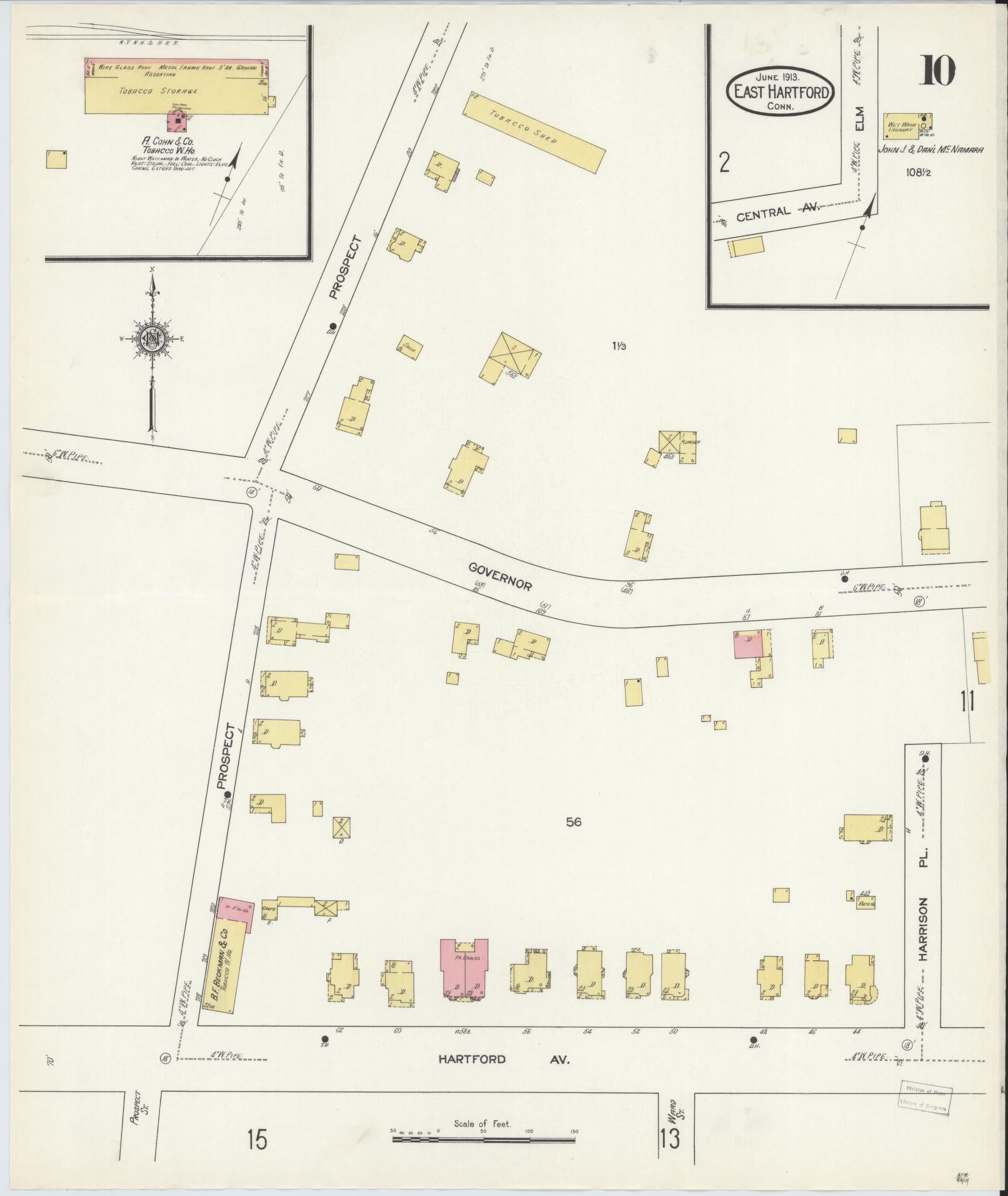 Sanborn Fire Insurance Map from East Hartford, Hartford County, Connecticut (1913), Sheet #0010 - Historic Sanborn Fire Insurance Map Print, vintage old map wall art, antique decor, genealogy gift, Connecticut Connecticut map