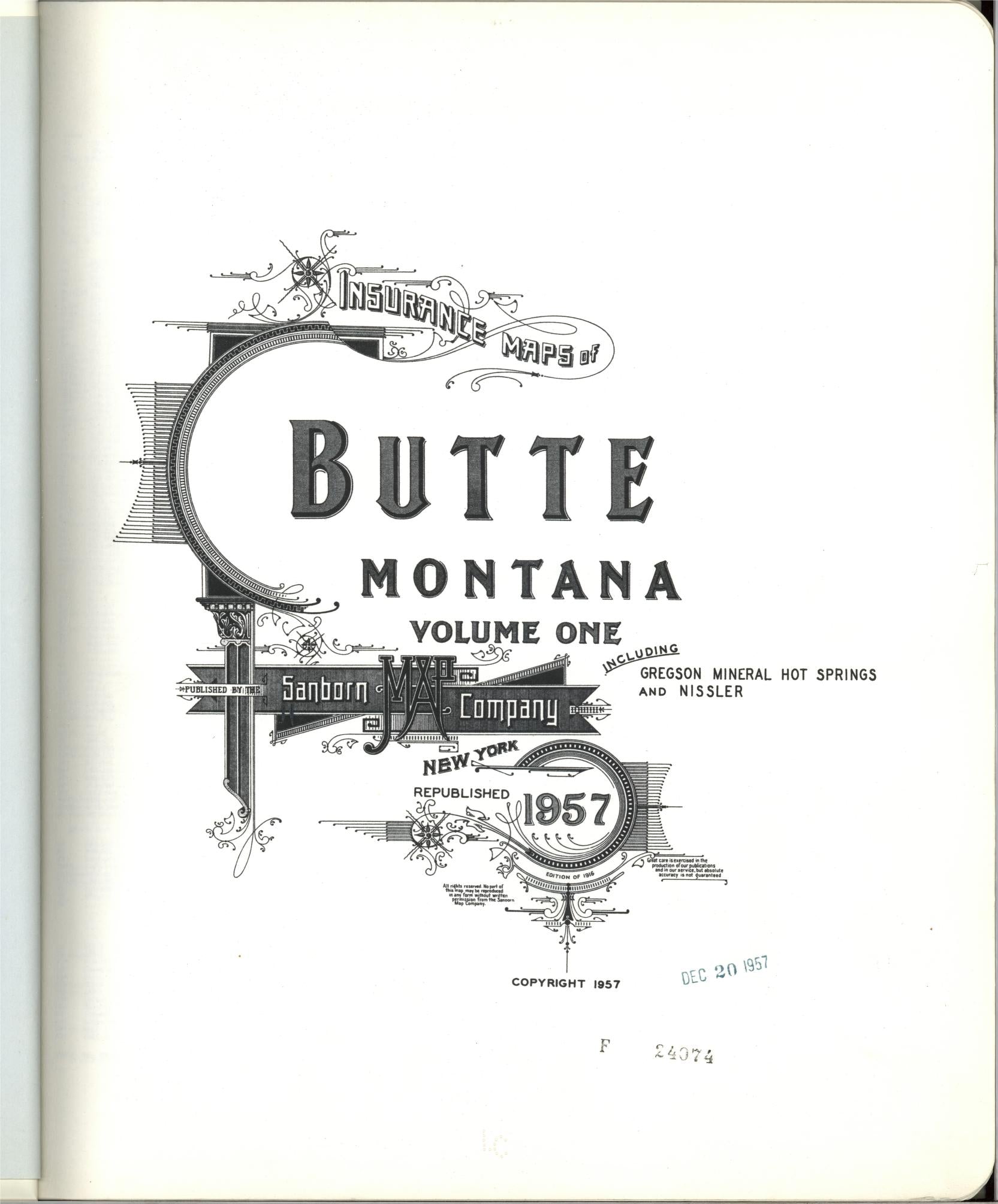 Sanborn Fire Insurance Map from Butte, Silver Bow County, Montana (1957), Sheet #0001 - Complete Map Set gallery image, historic Sanborn map, vintage wall art, Montana Montana