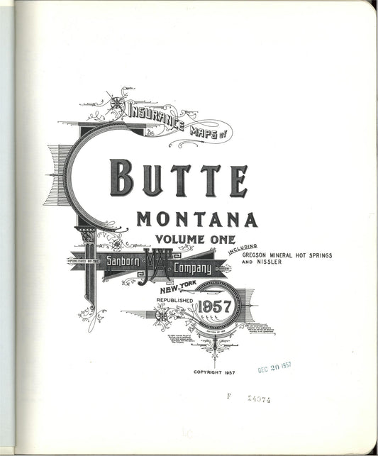 Sanborn Fire Insurance Map from Butte, Silver Bow County, Montana (1957), Sheet #0001 - Complete Map Set gallery image, historic Sanborn map, vintage wall art, Montana Montana