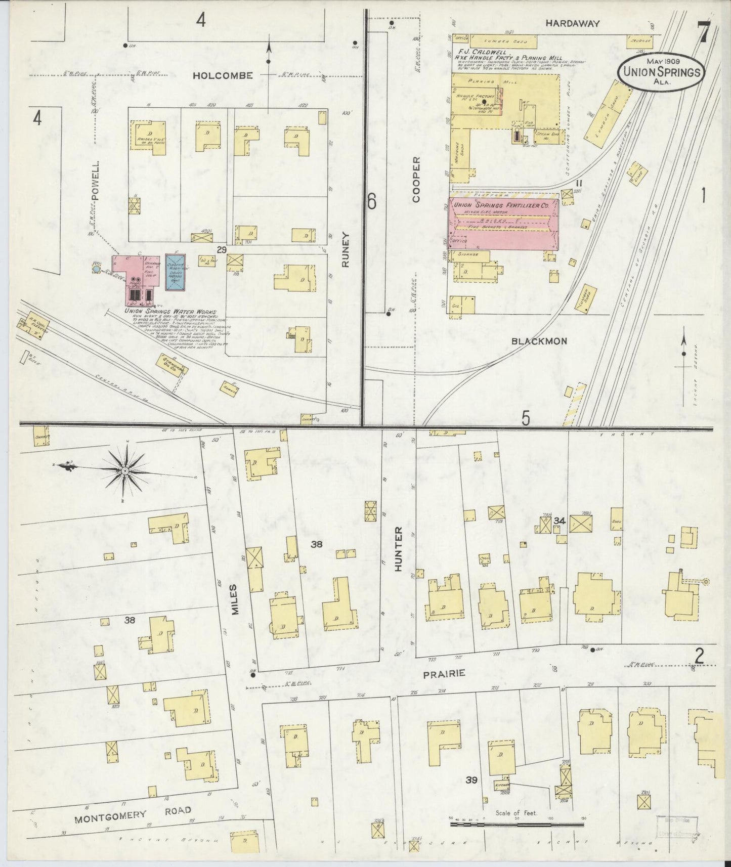 Sanborn Fire Insurance Map from Union Springs, Bullock County, Alabama (1909), Sheet #0007 - Historic Sanborn Fire Insurance Map Print, vintage old map wall art, antique decor, genealogy gift, Alabama Alabama map