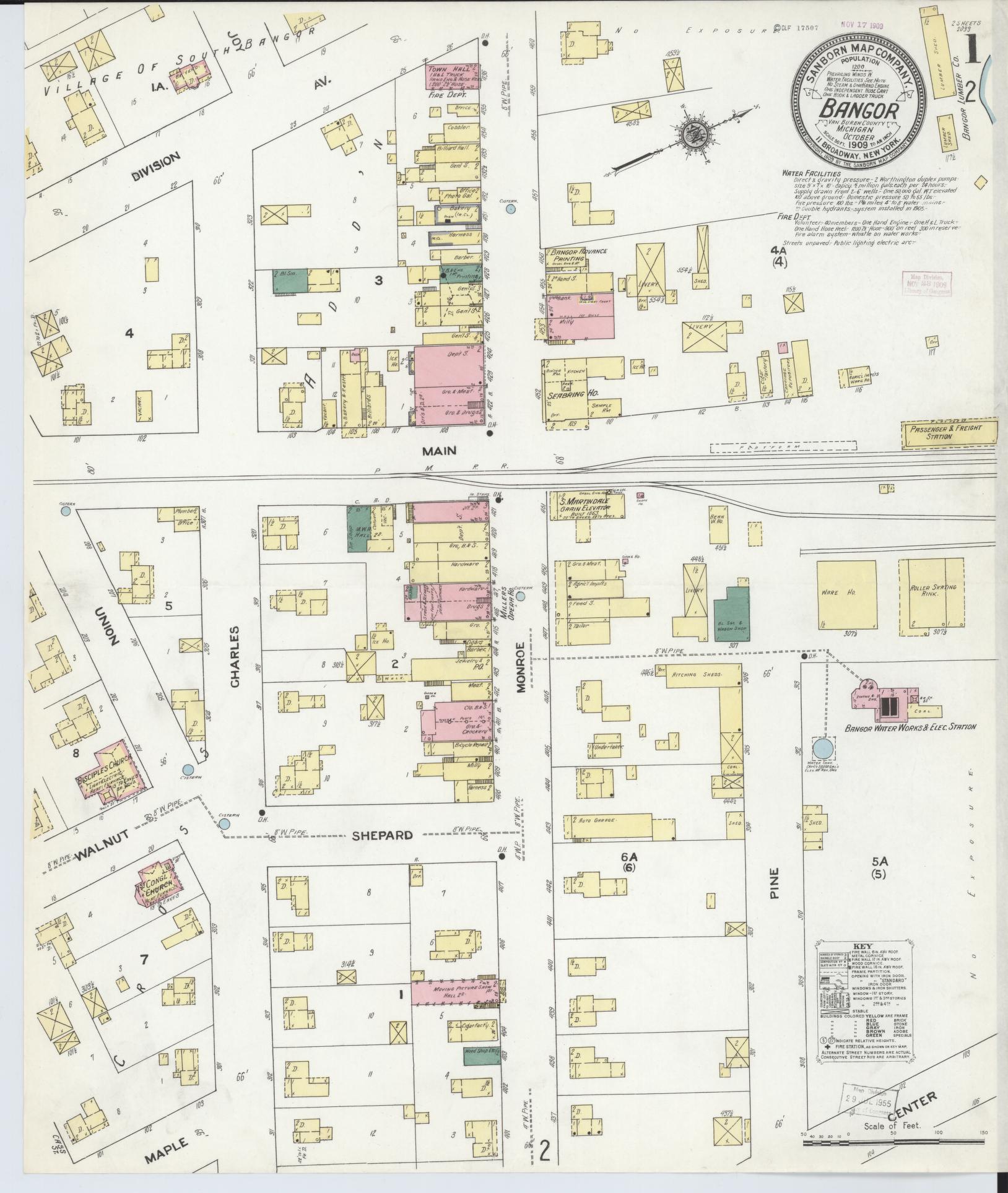 Sanborn Fire Insurance Map from Bangor, Van Buren County, Michigan (1909), Sheet #0001 - Complete Map Set gallery image, historic Sanborn map, vintage wall art, Michigan Michigan