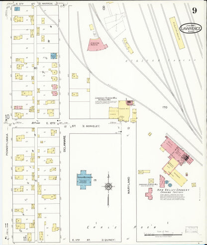 Sanborn Fire Insurance Map from Lawrence, Douglas County, Kansas (1918), Sheet #0009 - Complete Map Set gallery image, historic Sanborn map, vintage wall art, Kansas Kansas