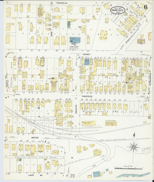 Sanborn Fire Insurance Map from Hancock, Houghton County, Michigan (1907), Sheet #0006 - Historic Sanborn Fire Insurance Map Print, vintage old map wall art, antique decor, genealogy gift, Michigan Michigan map