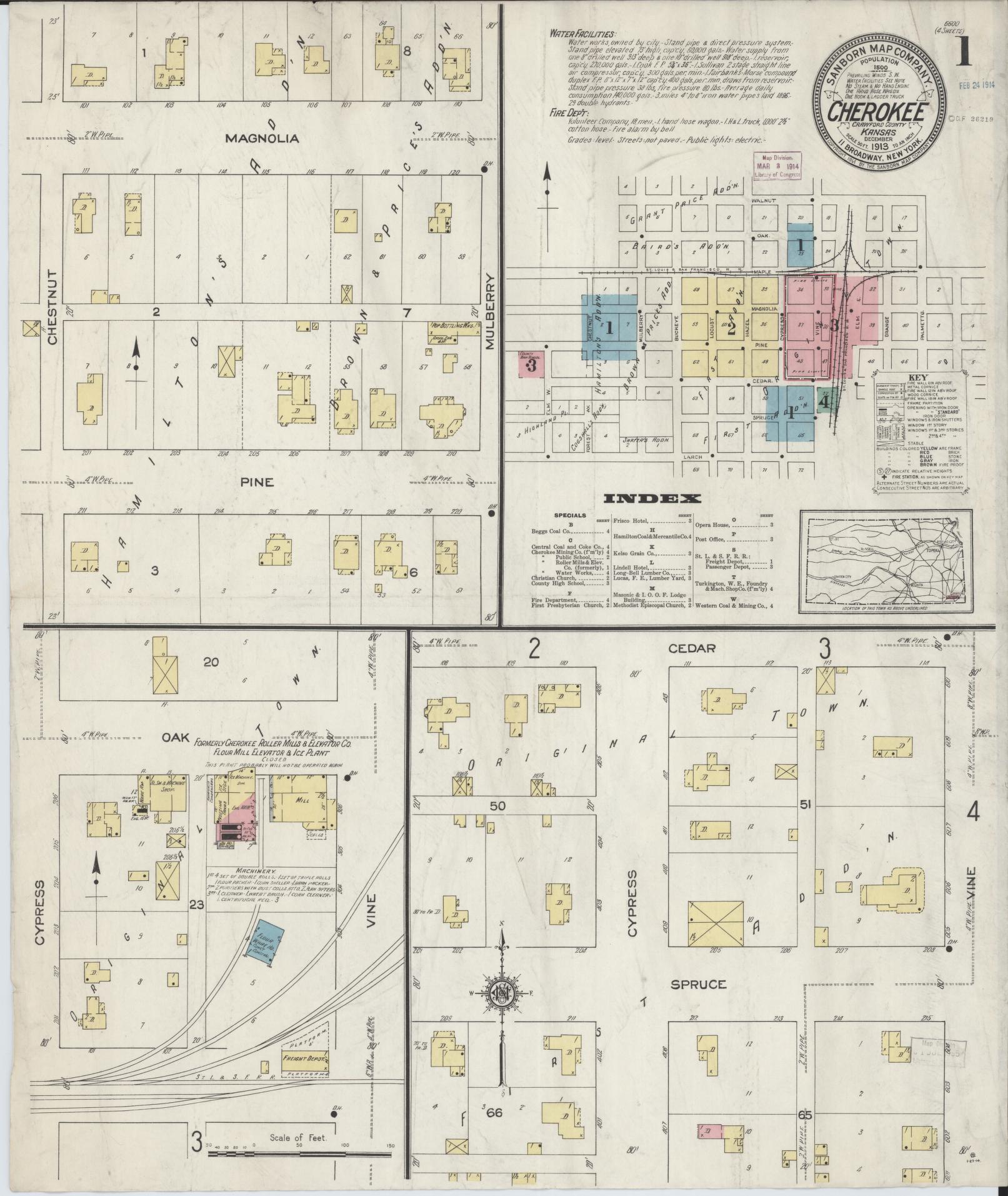 Sanborn Fire Insurance Map from Cherokee, Crawford County, Kansas (1913), Sheet #0001 - Historic Sanborn Fire Insurance Map Print, vintage old map wall art, antique decor, genealogy gift, Kansas Kansas map