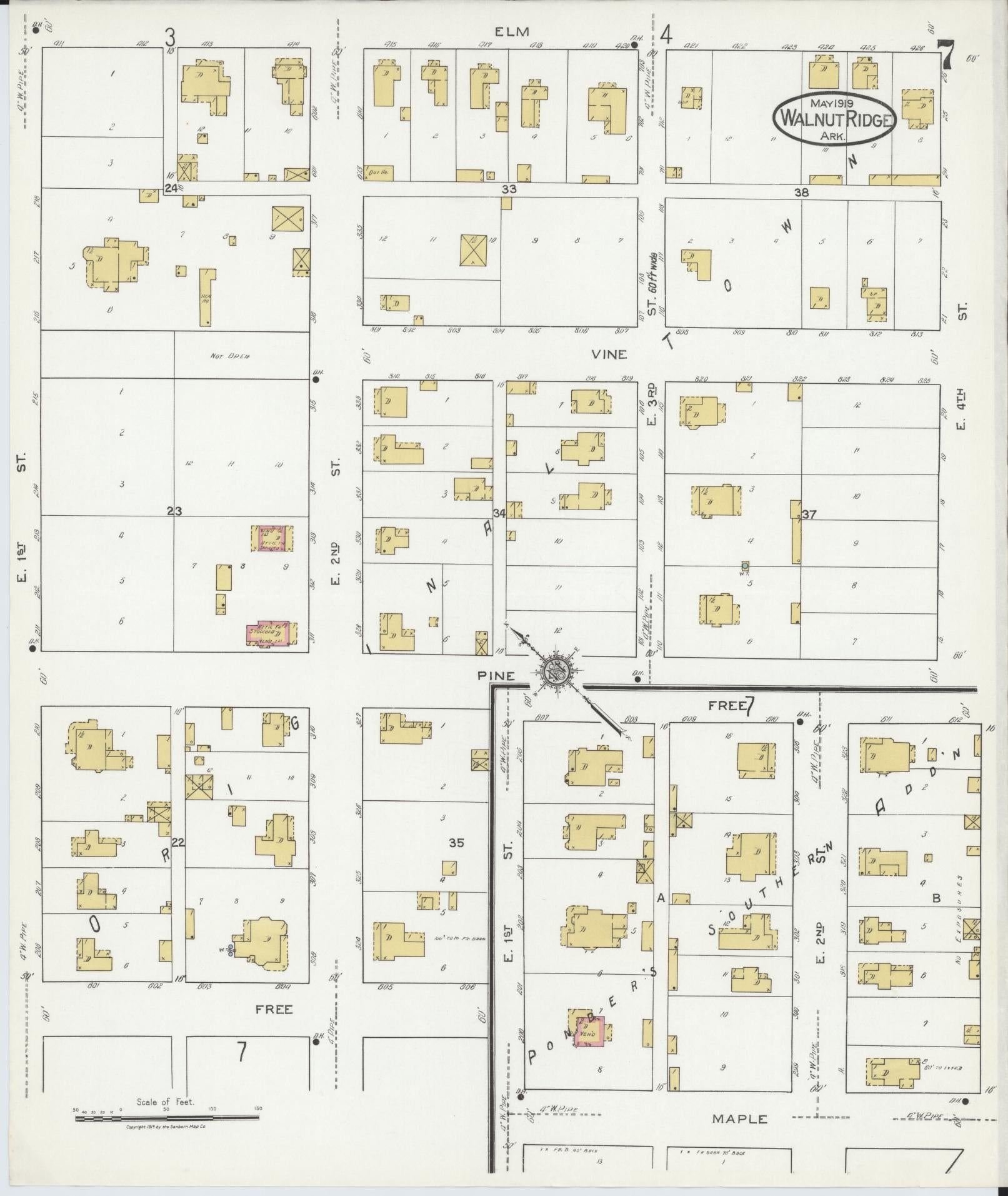 Sanborn Fire Insurance Map from Walnut Ridge, Lawrence County, Arkansas (1919), Sheet #0007 - Historic Sanborn Fire Insurance Map Print, vintage old map wall art, antique decor, genealogy gift, Arkansas Arkansas map