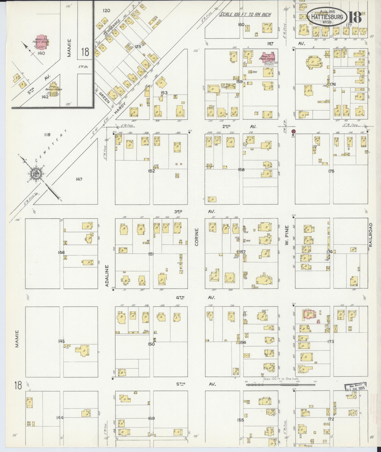Sanborn Fire Insurance Map from Hattiesburg, Forrest County, Mississippi (1915), Sheet #0018 - Complete Map Set gallery image, historic Sanborn map, vintage wall art, Mississippi Mississippi