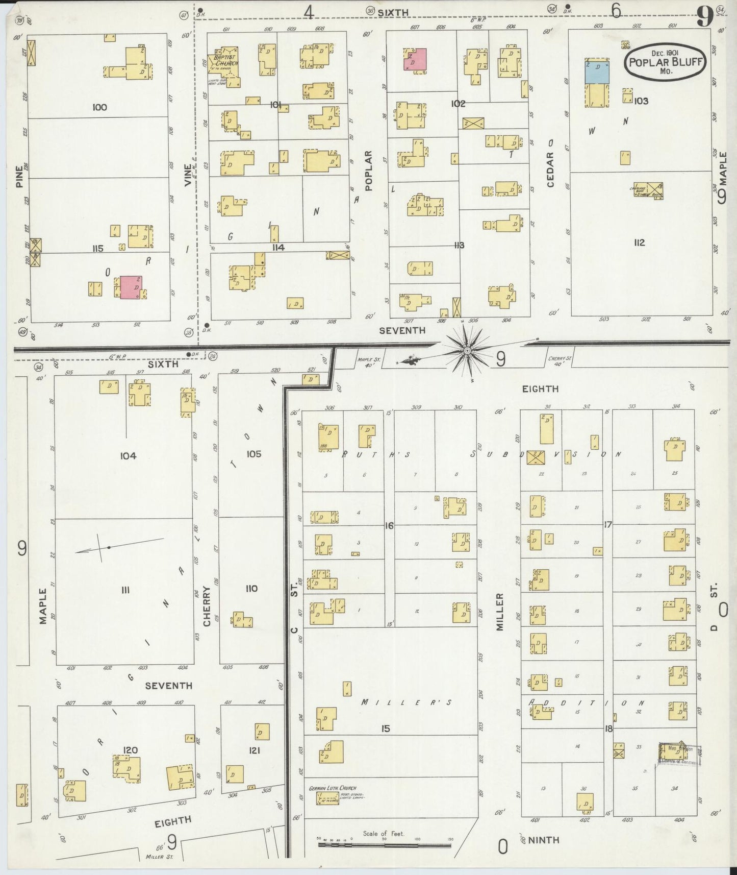 Sanborn Fire Insurance Map from Poplar Bluff, Butler County, Missouri (1901), Sheet #0009 - Historic Sanborn Fire Insurance Map Print, vintage old map wall art, antique decor, genealogy gift, Missouri Missouri map