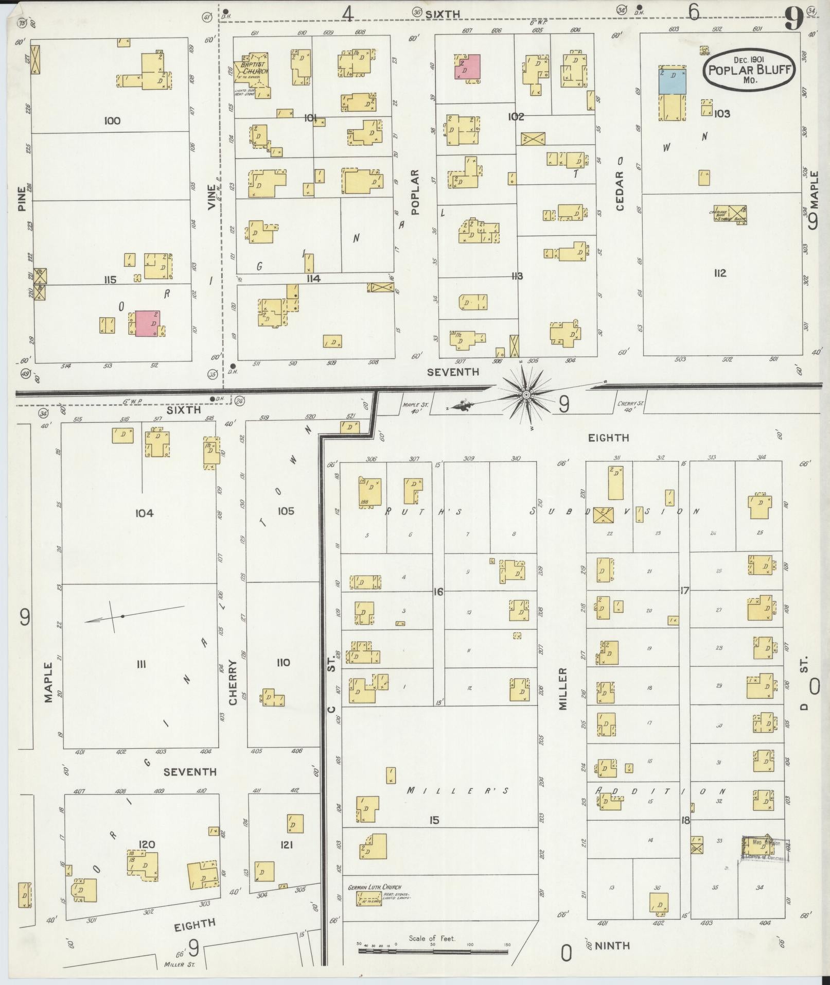 Sanborn Fire Insurance Map from Poplar Bluff, Butler County, Missouri (1901), Sheet #0009 - Historic Sanborn Fire Insurance Map Print, vintage old map wall art, antique decor, genealogy gift, Missouri Missouri map