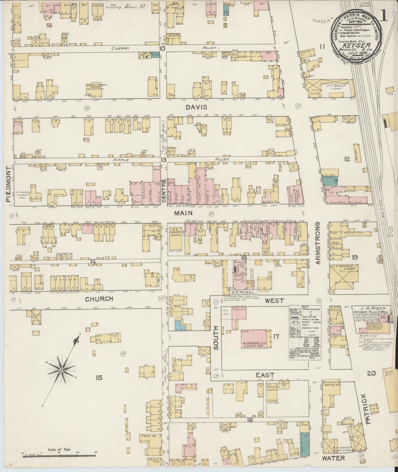 Sanborn Fire Insurance Map from Keyser, Mineral County, West Virginia (1892), Sheet #0001 - Complete Map Set gallery image, historic Sanborn map, vintage wall art, West Virginia West Virginia