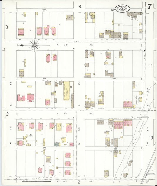 Sanborn Fire Insurance Map from Tucson, Pima County, Arizona (1909), Sheet #0007 - Historic Sanborn Fire Insurance Map Print, vintage old map wall art, antique decor, genealogy gift, Arizona Arizona map
