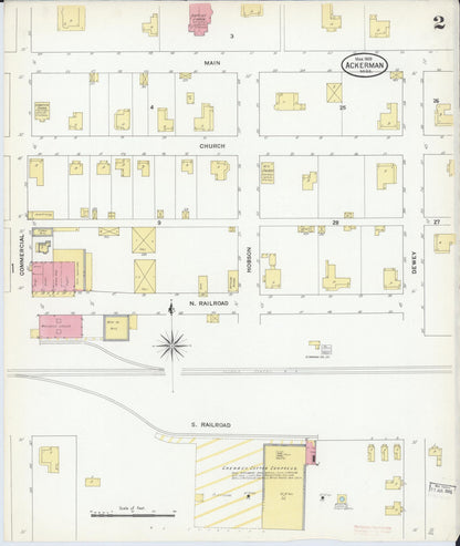 Sanborn Fire Insurance Map from Ackerman, Choctaw County, Mississippi (1909), Sheet #0002 - Complete Map Set gallery image, historic Sanborn map, vintage wall art, Mississippi Mississippi