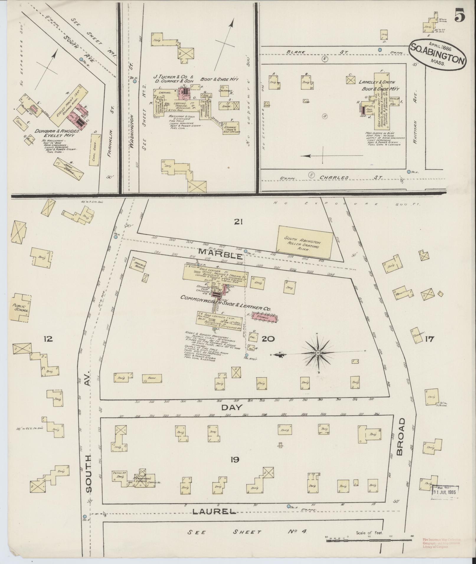 Sanborn Fire Insurance Map from South Abington, Plymouth County, Massachusetts (1885), Sheet #0005 - Complete Map Set gallery image, historic Sanborn map, vintage wall art, Massachusetts Massachusetts