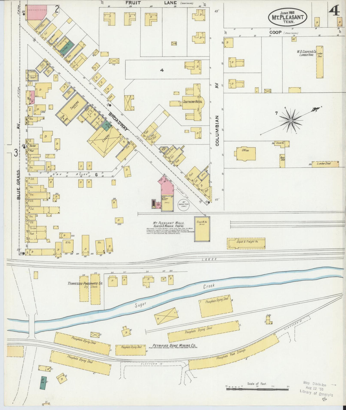 Sanborn Fire Insurance Map from Mount Pleasant, Maury County, Tennessee (1905), Sheet #0004 - Complete Map Set gallery image, historic Sanborn map, vintage wall art, Tennessee Tennessee