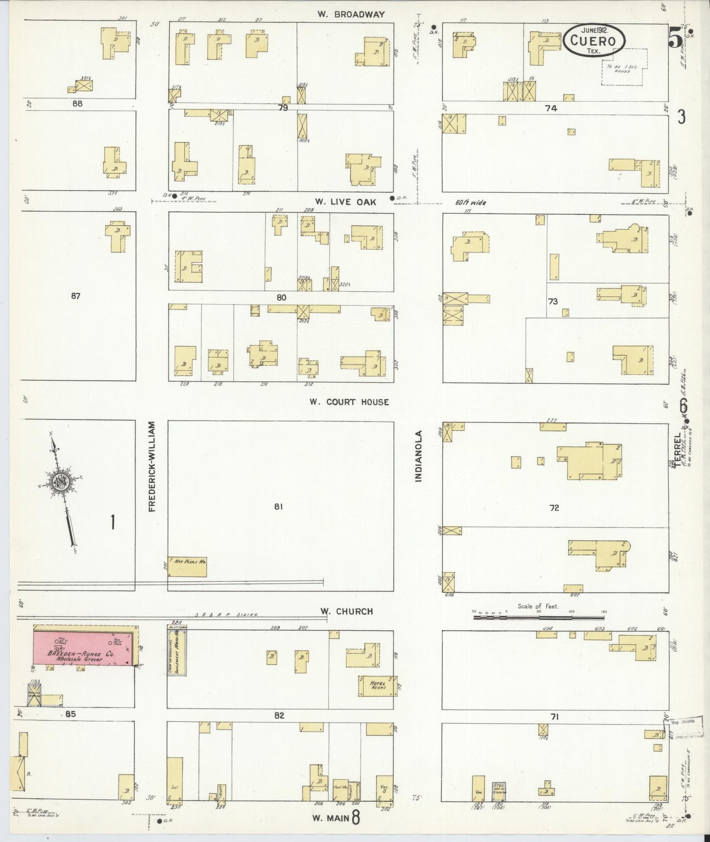 Sanborn Fire Insurance Map from Cuero, De Witt County, Texas (1912), Sheet #0005 - Historic Sanborn Fire Insurance Map Print, vintage old map wall art, antique decor, genealogy gift, Texas Texas map