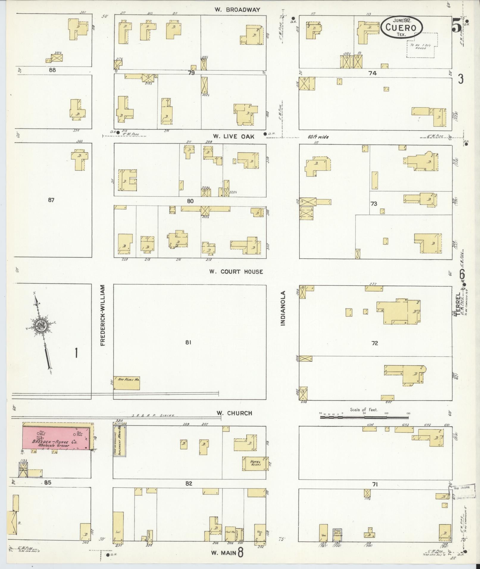 Sanborn Fire Insurance Map from Cuero, De Witt County, Texas (1912), Sheet #0005 - Historic Sanborn Fire Insurance Map Print, vintage old map wall art, antique decor, genealogy gift, Texas Texas map