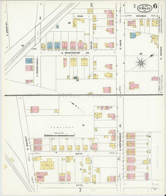 Sanborn Fire Insurance Map from North Wales, Montgomery County, Pennsylvania (1909), Sheet #0006 - Historic Sanborn Fire Insurance Map Print, vintage old map wall art, antique decor, genealogy gift, Pennsylvania Pennsylvania map