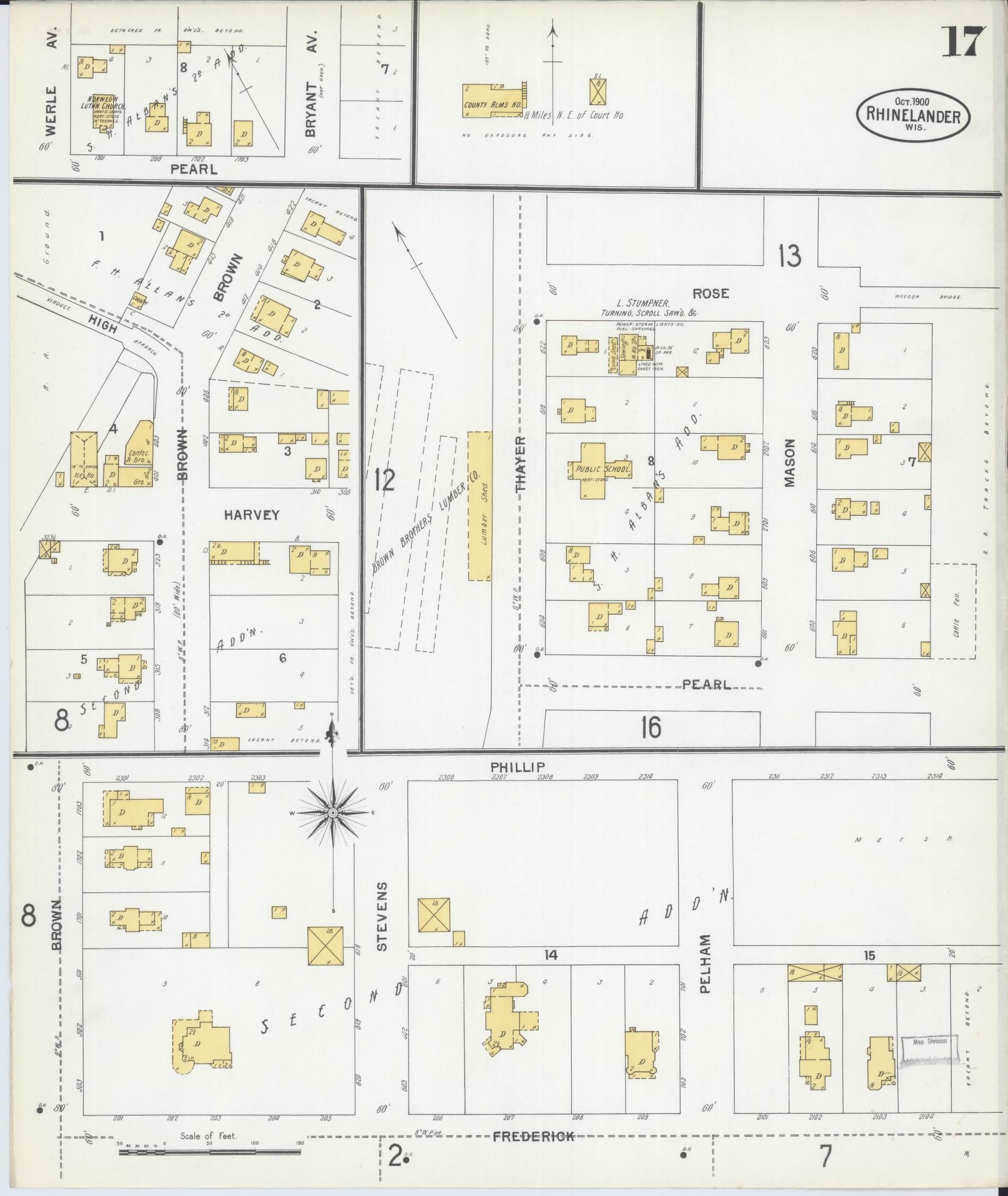 Sanborn Fire Insurance Map from Rhinelander, Oneida County, Wisconsin (1900), Sheet #0017 - Historic Sanborn Fire Insurance Map Print, vintage old map wall art, antique decor, genealogy gift, Wisconsin Wisconsin map