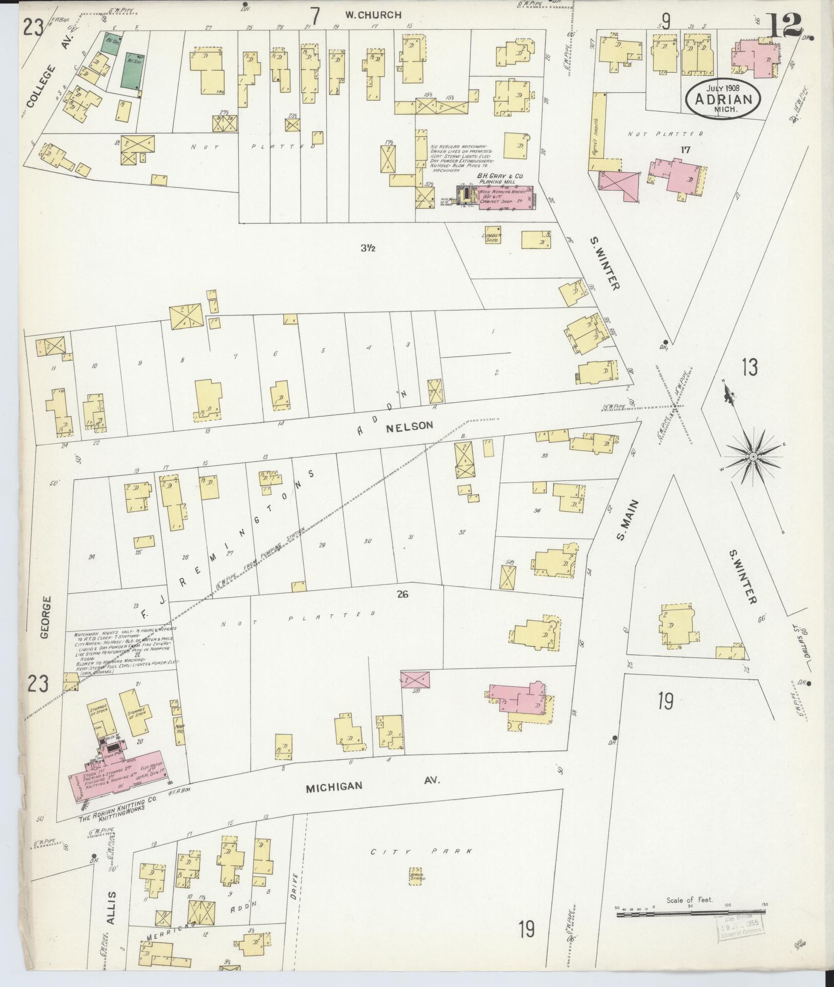 Sanborn Fire Insurance Map from Adrian, Lenawee County, Michigan (1908), Sheet #0012 - Complete Map Set gallery image, historic Sanborn map, vintage wall art, Michigan Michigan