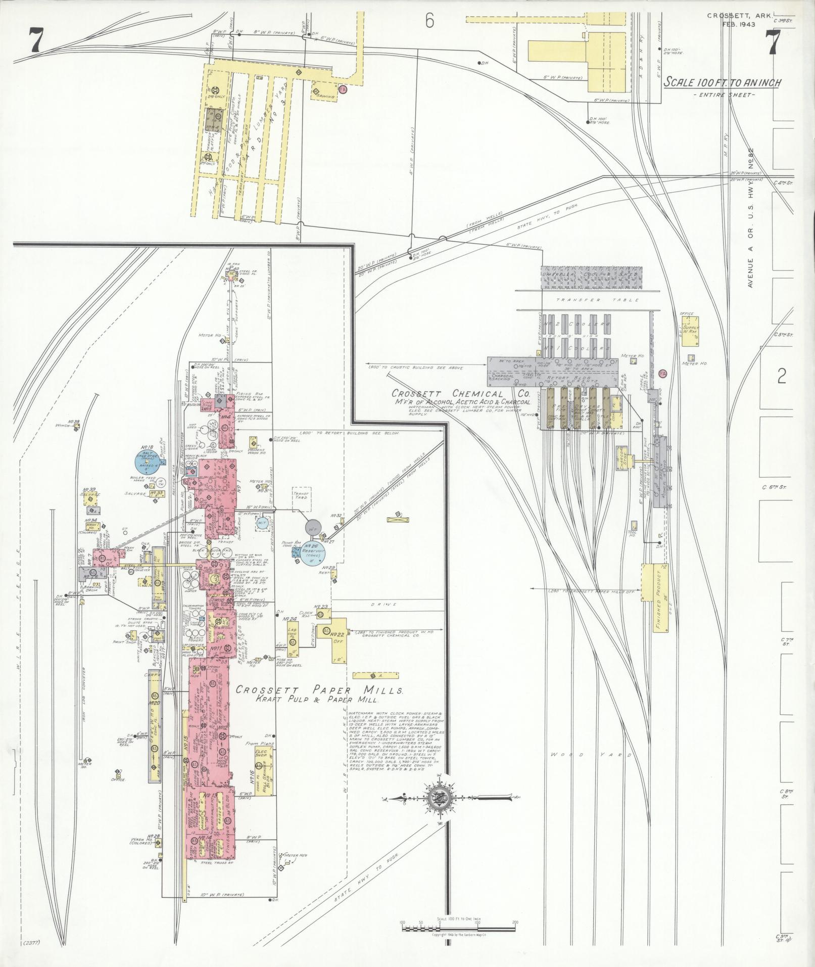 Sanborn Fire Insurance Map from Crossett, Ashley County, Arkansas (1943), Sheet #0007 - Historic Sanborn Fire Insurance Map Print, vintage old map wall art, antique decor, genealogy gift, Arkansas Arkansas map