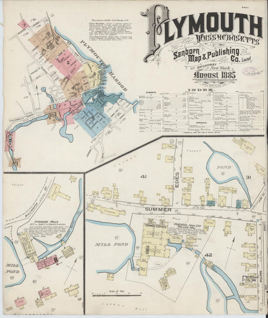 Sanborn Fire Insurance Map from Plymouth, Plymouth County, Massachusetts (1885), Sheet #0001 - Historic Sanborn Fire Insurance Map Print, vintage old map wall art, antique decor, genealogy gift, Massachusetts Massachusetts map