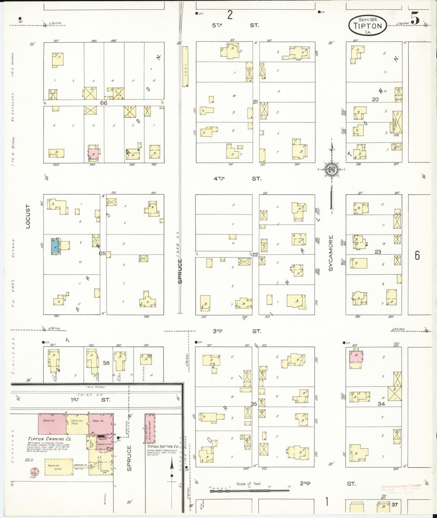 Sanborn Fire Insurance Map from Tipton, Cedar County, Iowa (1914), Sheet #0005 - Historic Sanborn Fire Insurance Map Print, vintage old map wall art