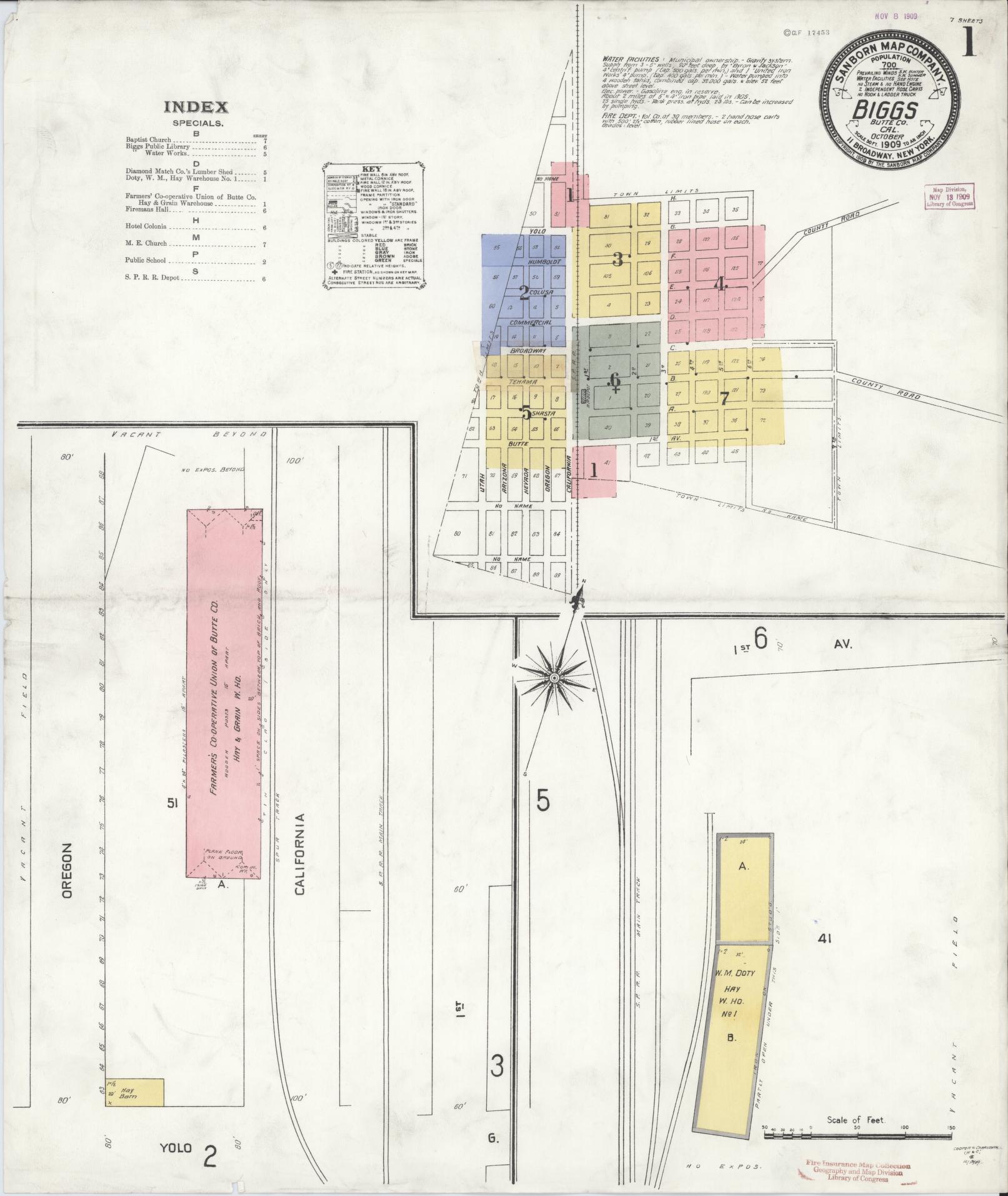 Sanborn Fire Insurance Map from Biggs, Butte County, California (1909), Sheet #0001 - Historic Sanborn Fire Insurance Map Print, vintage old map wall art, antique decor, genealogy gift, California California map
