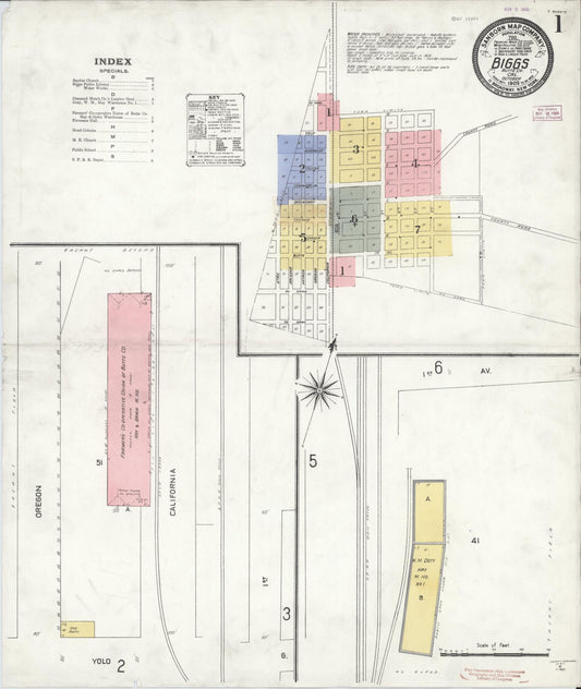 Sanborn Fire Insurance Map from Biggs, Butte County, California (1909), Sheet #0001 - Historic Sanborn Fire Insurance Map Print, vintage old map wall art, antique decor, genealogy gift, California California map