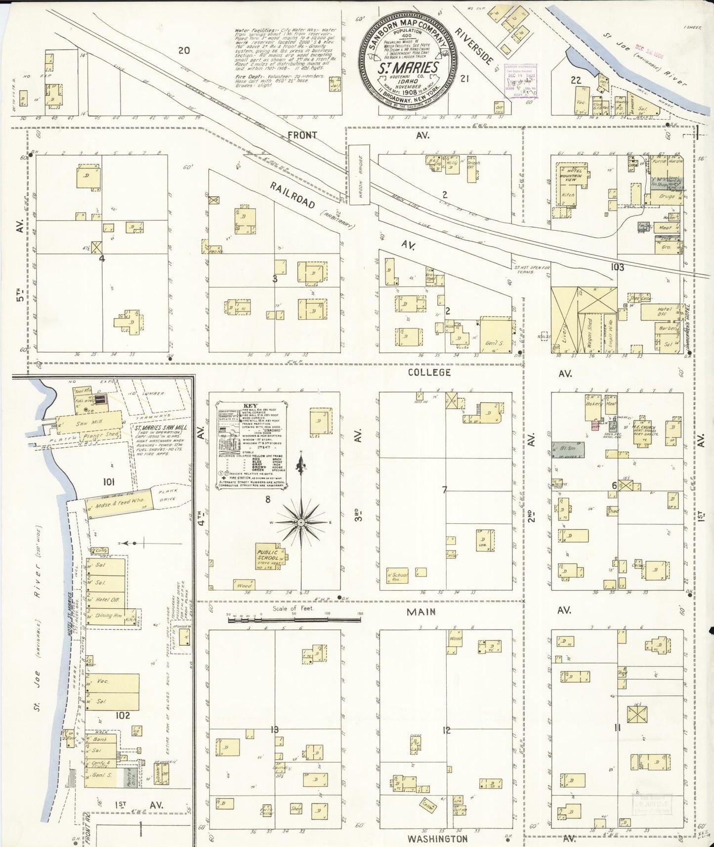 Sanborn Fire Insurance Map from Saint Maries, Benewah County, Idaho (1908), Sheet #0001 - Historic Sanborn Fire Insurance Map Print, vintage old map wall art, antique decor, genealogy gift, Idaho Idaho map