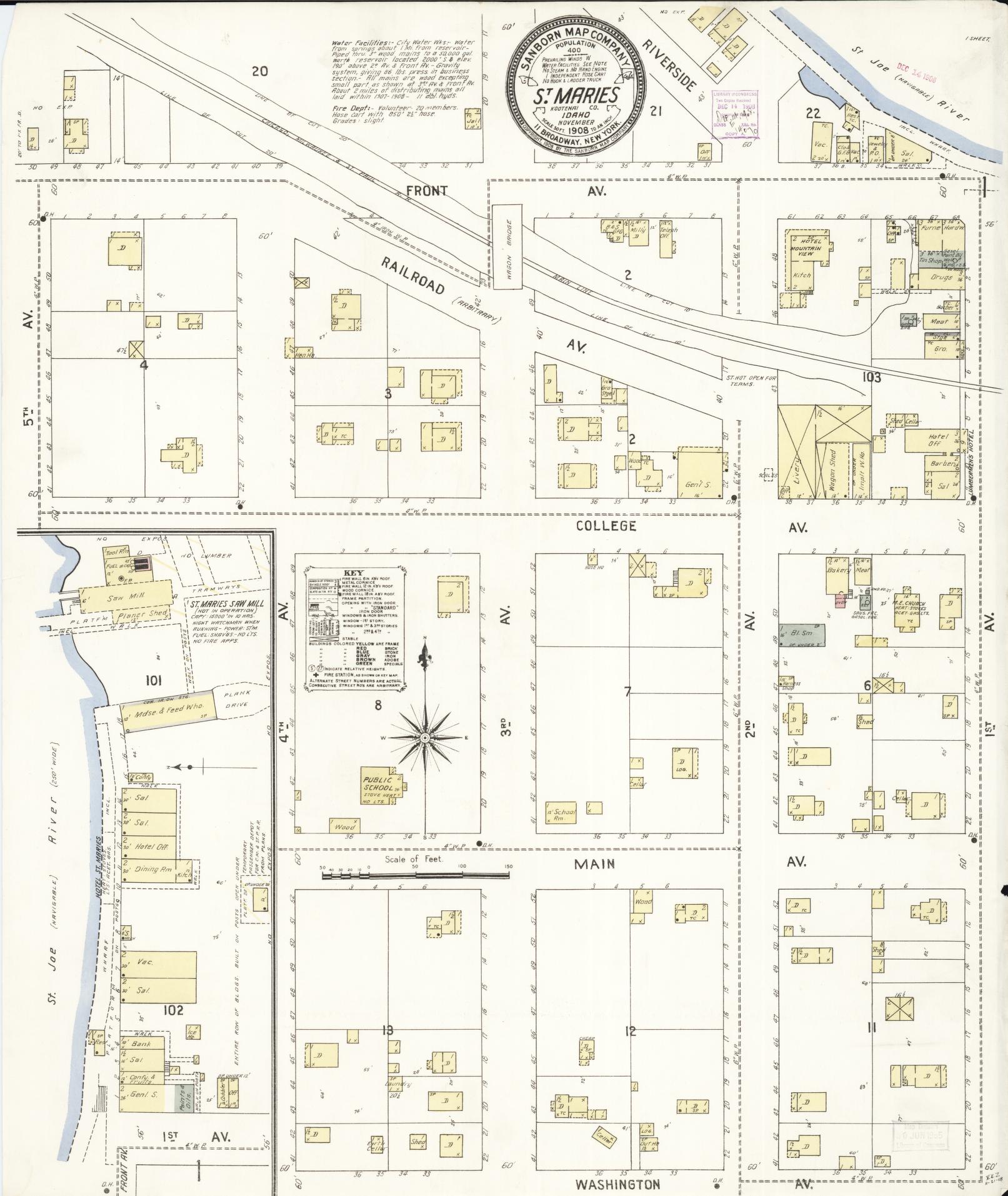 Sanborn Fire Insurance Map from Saint Maries, Benewah County, Idaho (1908), Sheet #0001 - Historic Sanborn Fire Insurance Map Print, vintage old map wall art, antique decor, genealogy gift, Idaho Idaho map