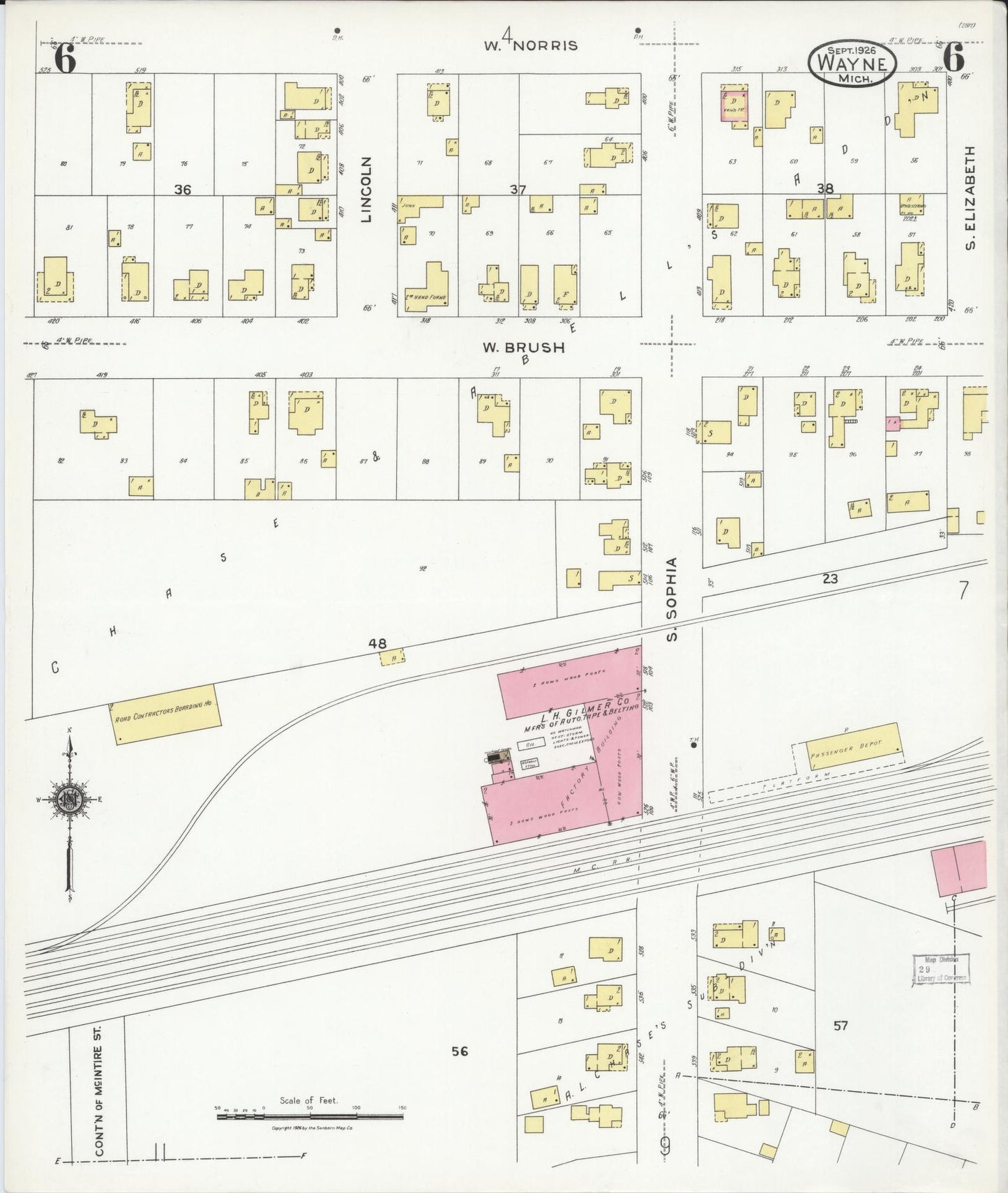 Sanborn Fire Insurance Map from Wayne, Wayne County, Michigan (1926), Sheet #0006 - Historic Sanborn Fire Insurance Map Print, vintage old map wall art, antique decor, genealogy gift, Michigan Michigan map