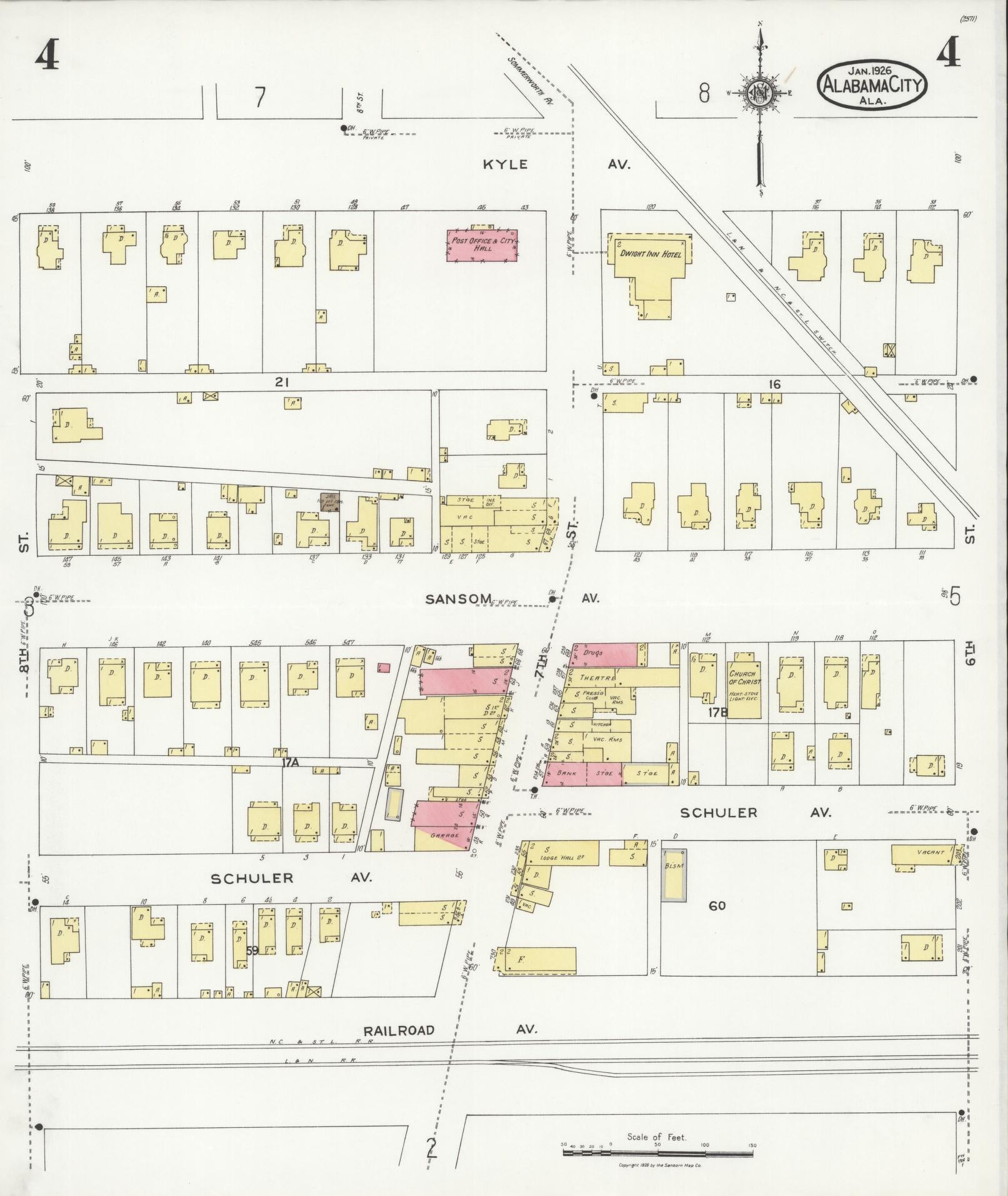 Sanborn Fire Insurance Map from Alabama City, Etowah County, Alabama (1926), Sheet #0004 - Historic Sanborn Fire Insurance Map Print, vintage old map wall art, antique decor, genealogy gift, Alabama Alabama map