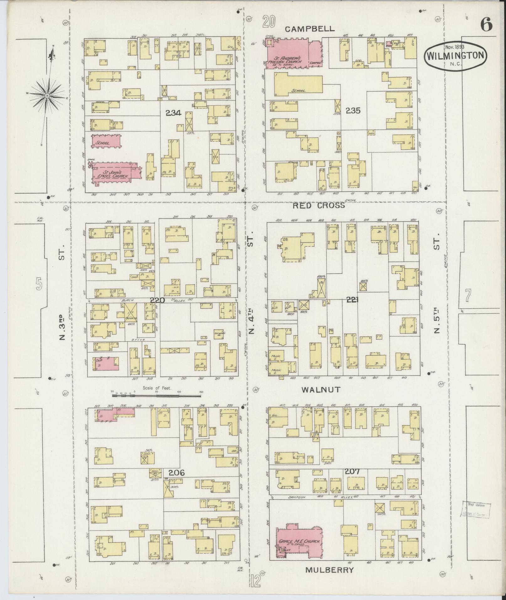 Sanborn Fire Insurance Map from Wilmington, New Hanover County, North Carolina (1893), Sheet #0006 - Complete Map Set gallery image, historic Sanborn map, vintage wall art, North Carolina North Carolina