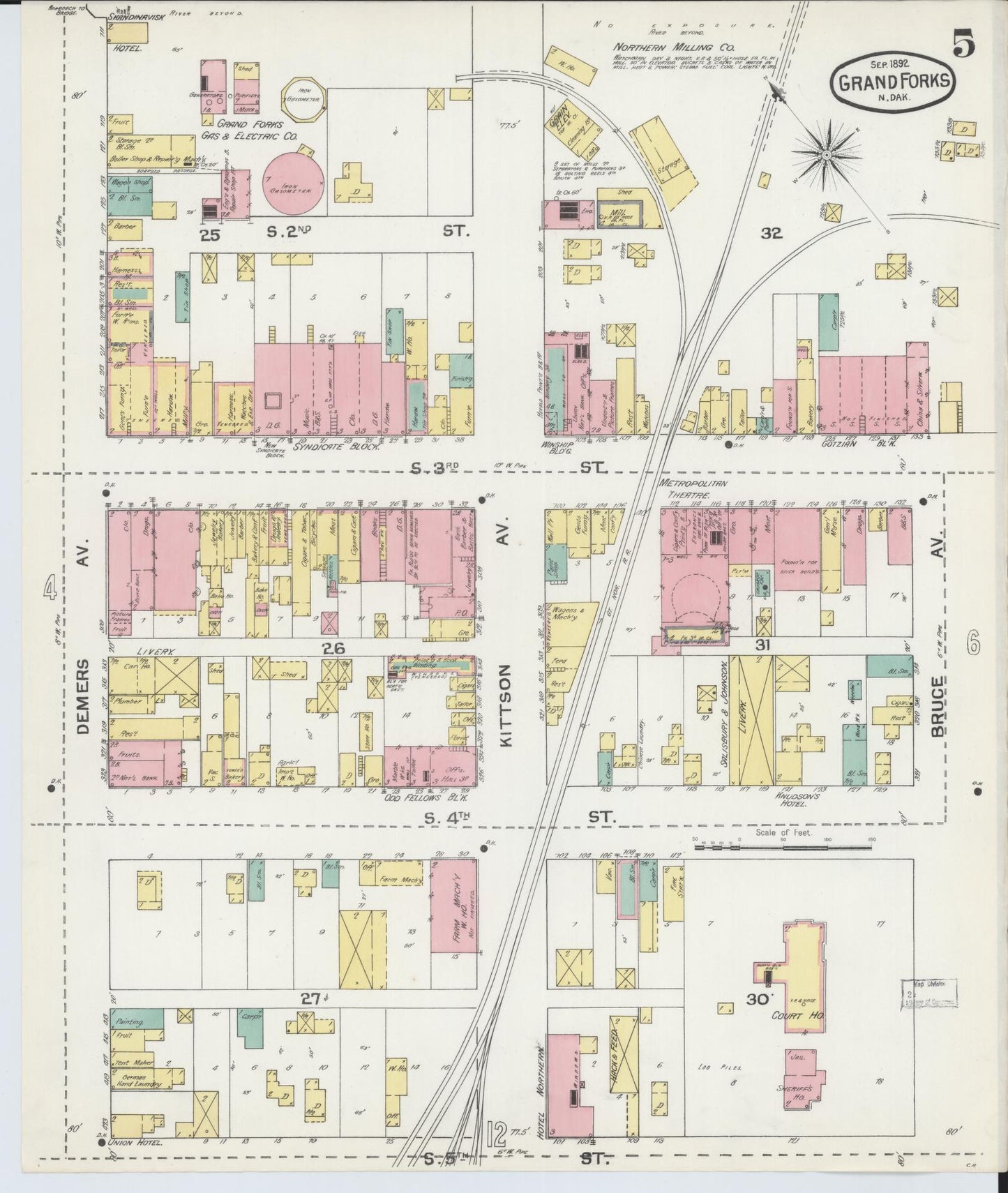 Sanborn Fire Insurance Map from Grand Forks, Grand Forks County, North Dakota (1892), Sheet #0005 - Complete Map Set gallery image, historic Sanborn map, vintage wall art, North Dakota North Dakota