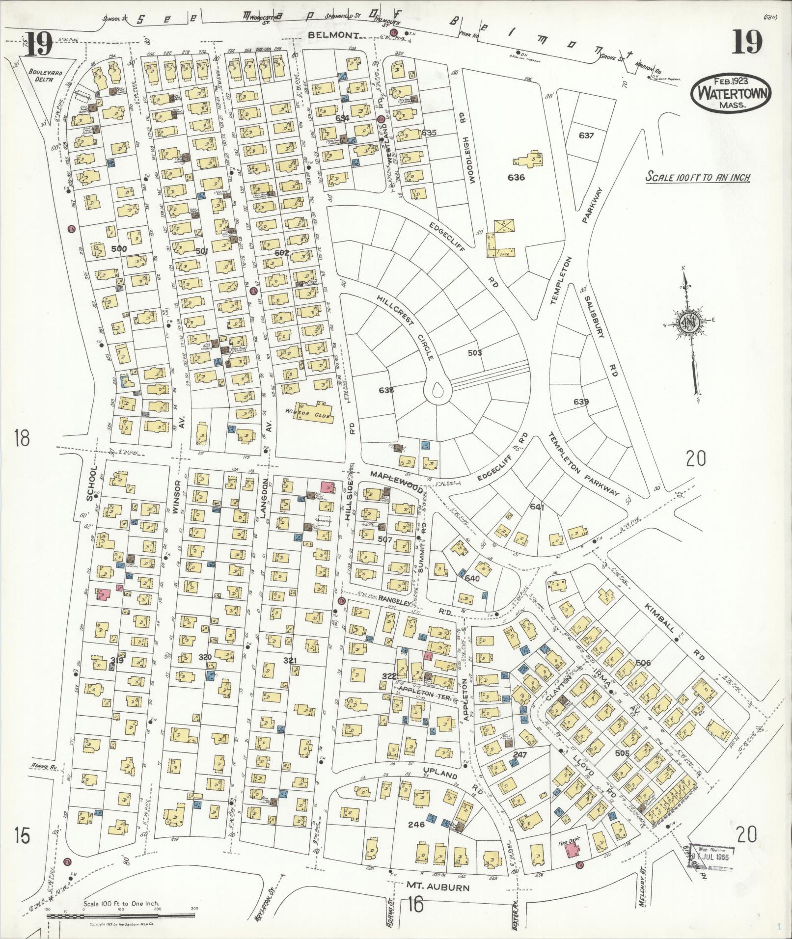 Sanborn Fire Insurance Map from Watertown, Middlesex County, Massachusetts (1923), Sheet #0019 - Complete Map Set gallery image, historic Sanborn map, vintage wall art, Massachusetts Massachusetts
