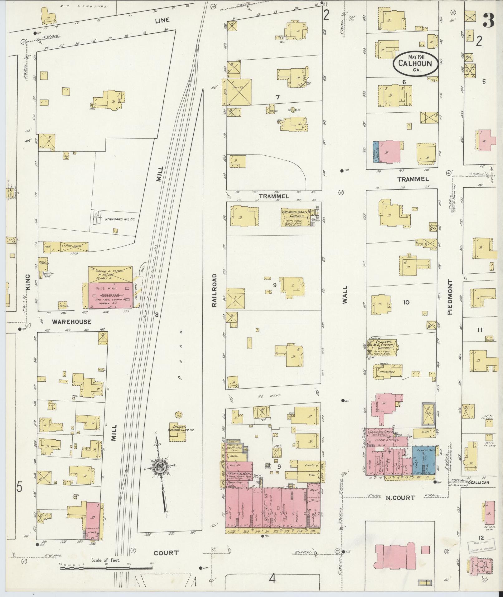 Sanborn Fire Insurance Map from Calhoun, Gordon County, Georgia (1911), Sheet #0003 - Complete Map Set gallery image, historic Sanborn map, vintage wall art, Georgia Georgia