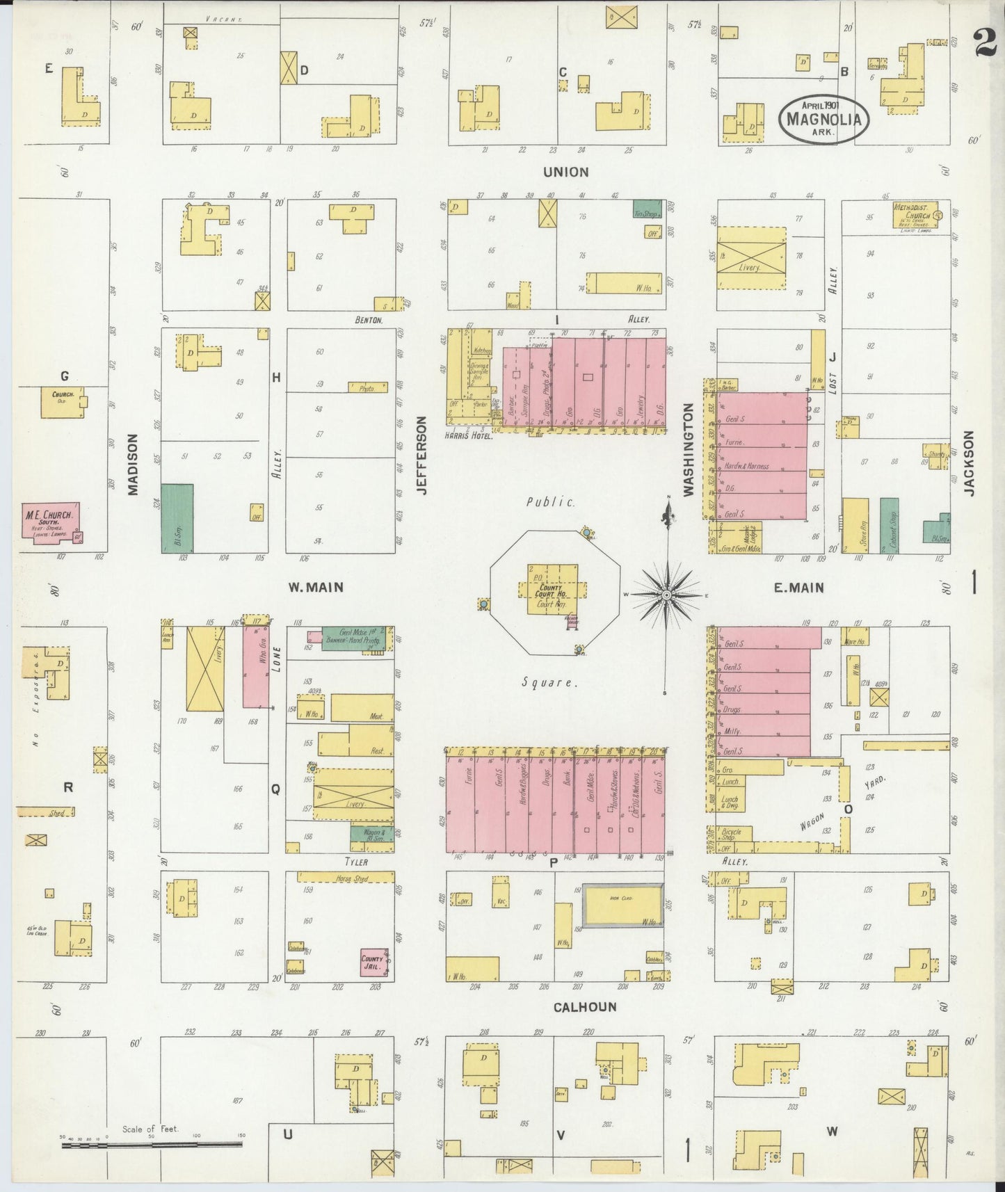 Sanborn Fire Insurance Map from Magnolia, Columbia County, Arkansas (1901), Sheet #0002 - Complete Map Set gallery image, historic Sanborn map, vintage wall art, Arkansas Arkansas