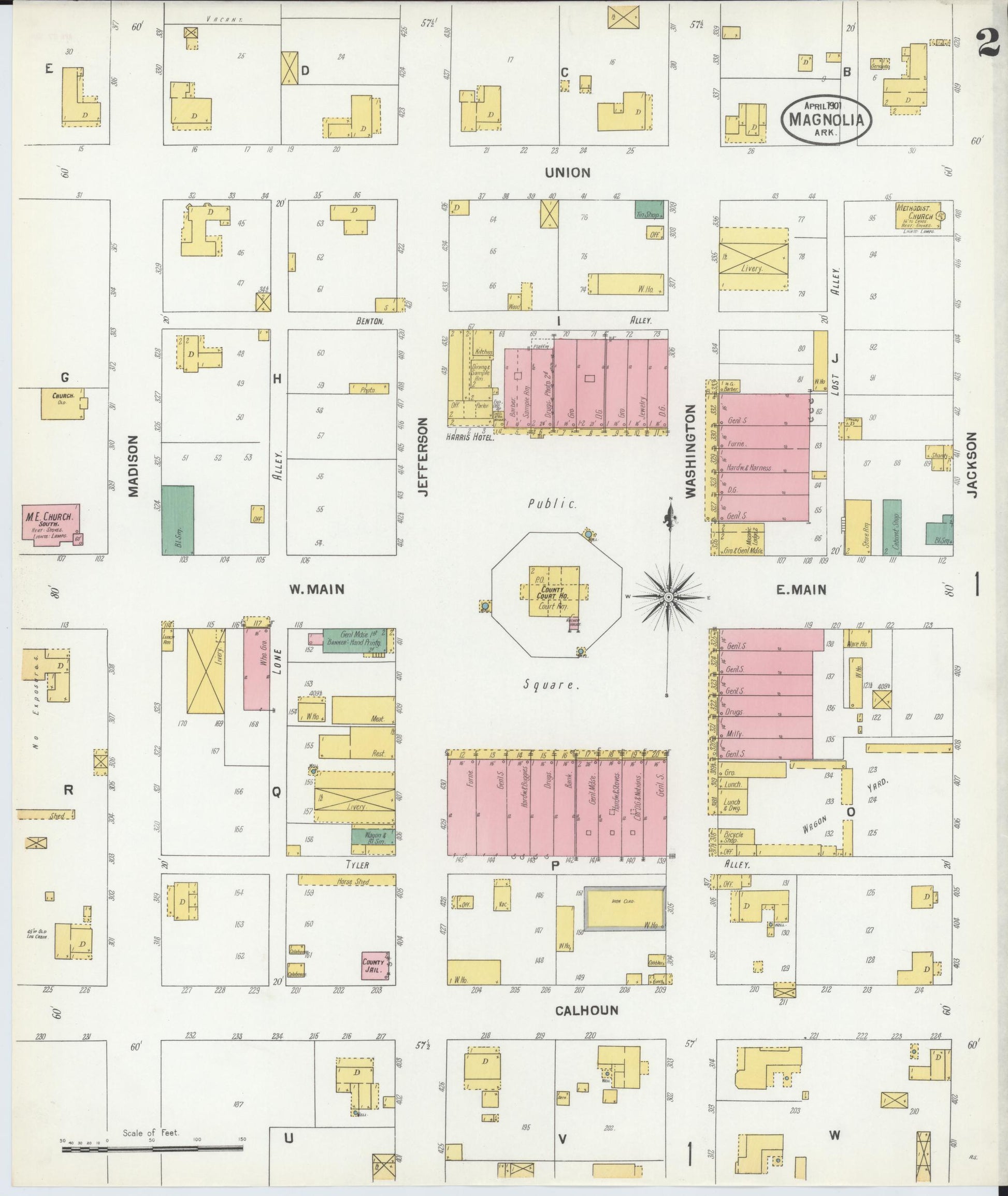 Sanborn Fire Insurance Map from Magnolia, Columbia County, Arkansas (1901), Sheet #0002 - Complete Map Set gallery image, historic Sanborn map, vintage wall art, Arkansas Arkansas