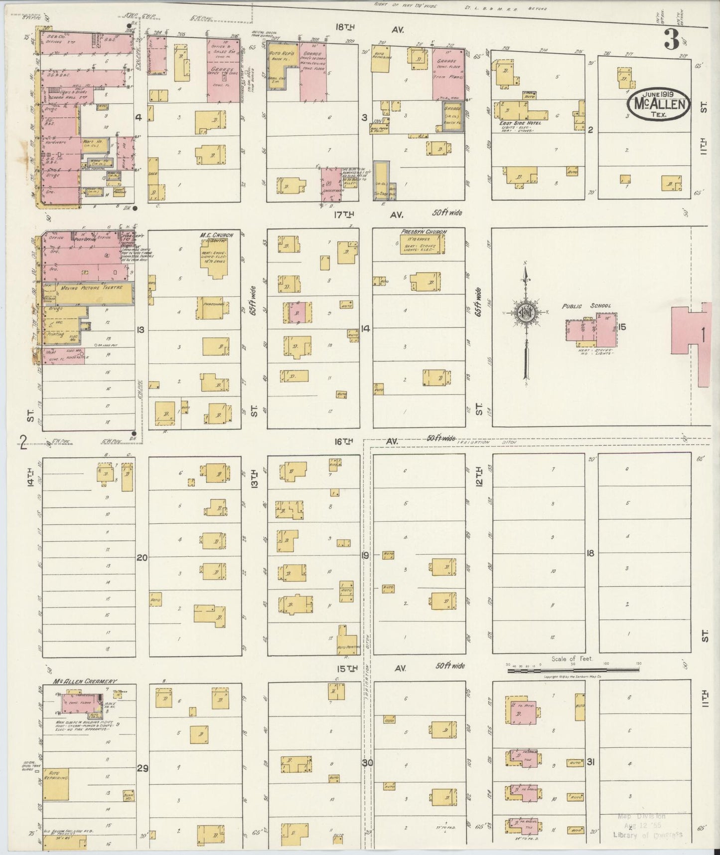 Sanborn Fire Insurance Map from McAllen, Hidalgo County, Texas (1919), Sheet #0003 - Historic Sanborn Fire Insurance Map Print, vintage old map wall art, antique decor, genealogy gift, Texas Texas map