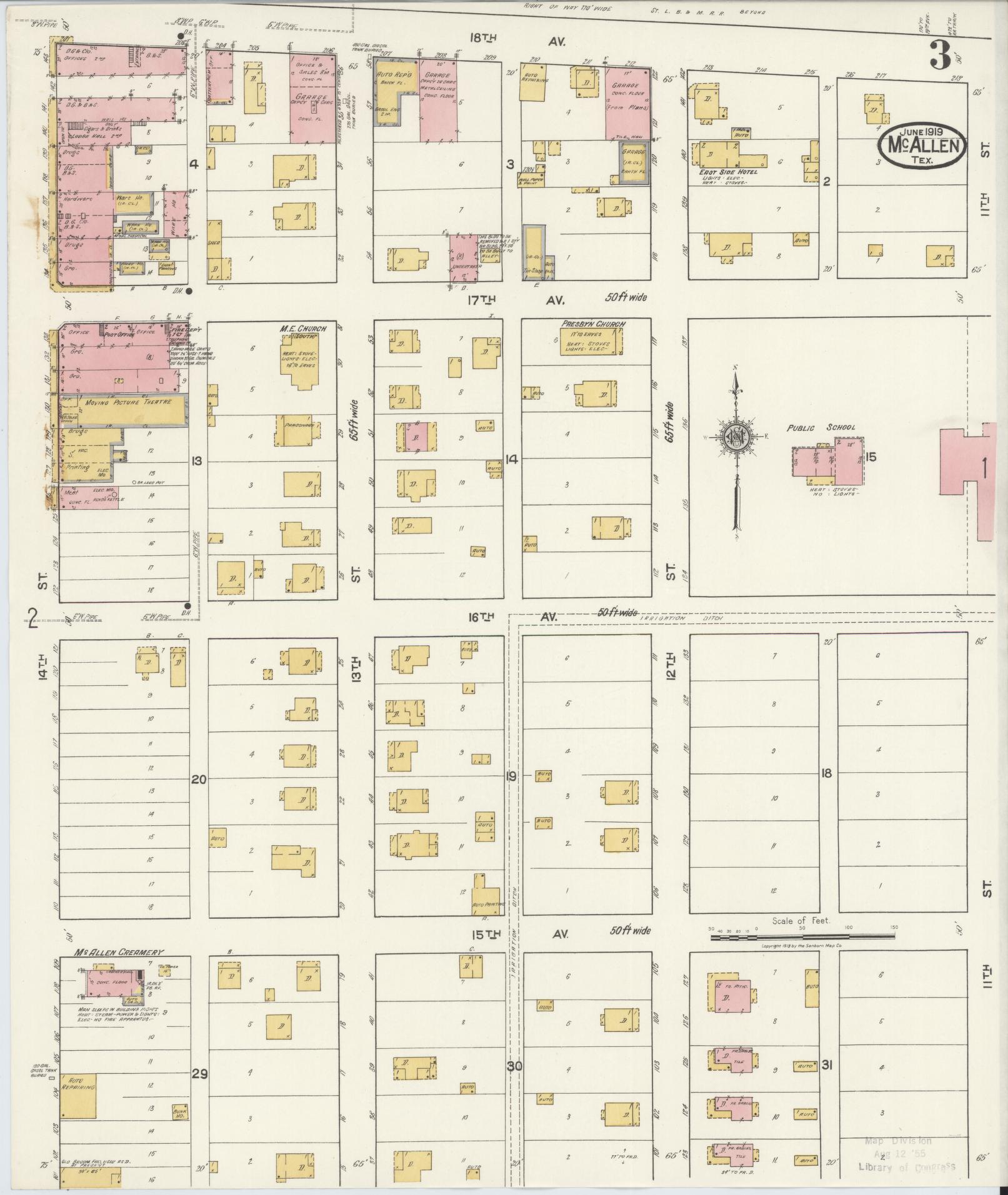 Sanborn Fire Insurance Map from McAllen, Hidalgo County, Texas (1919), Sheet #0003 - Historic Sanborn Fire Insurance Map Print, vintage old map wall art, antique decor, genealogy gift, Texas Texas map