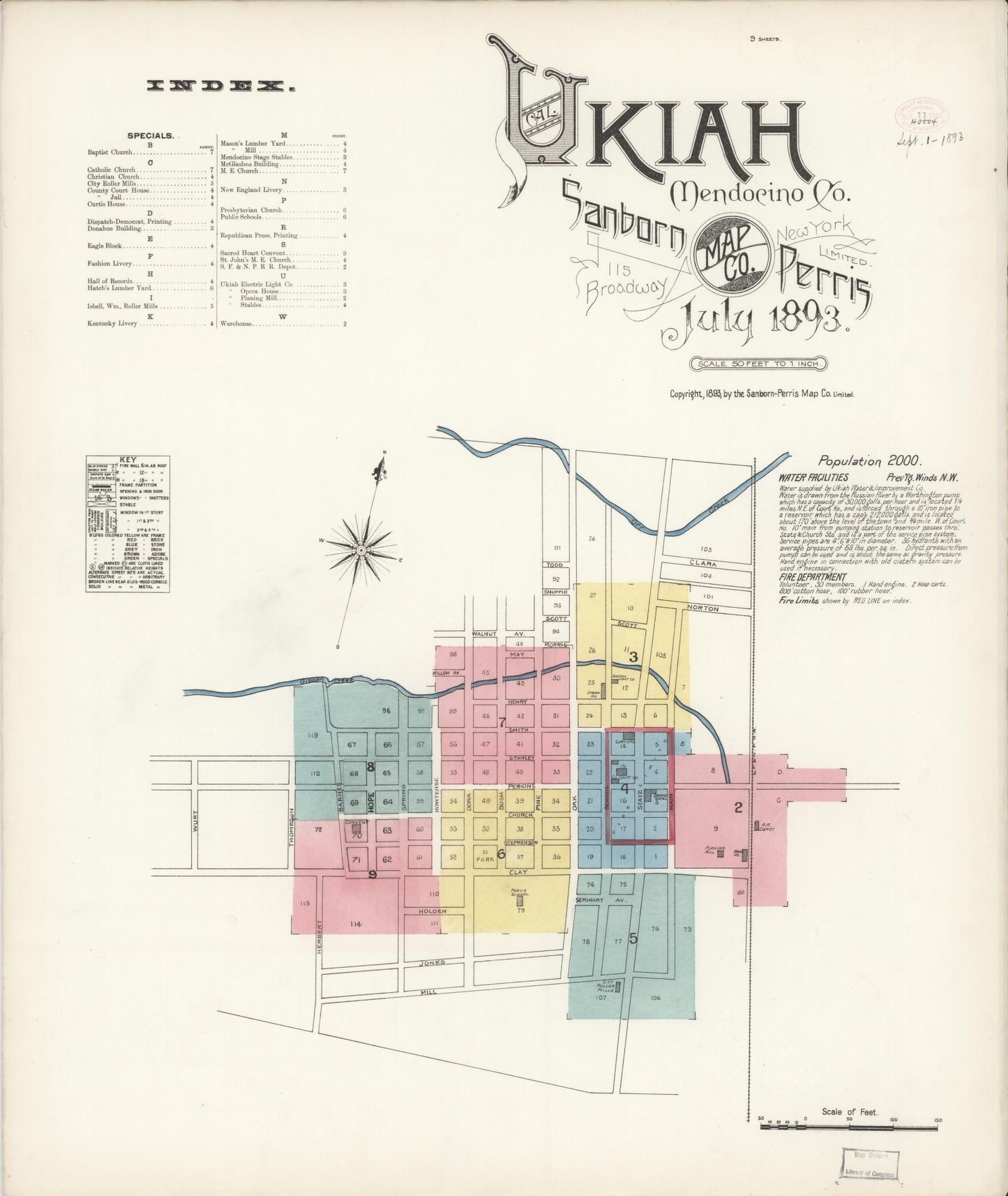 Sanborn Fire Insurance Map from Ukiah, Mendocino County, California (1893), Sheet #0001 - Complete Map Set gallery image, historic Sanborn map, vintage wall art, California California