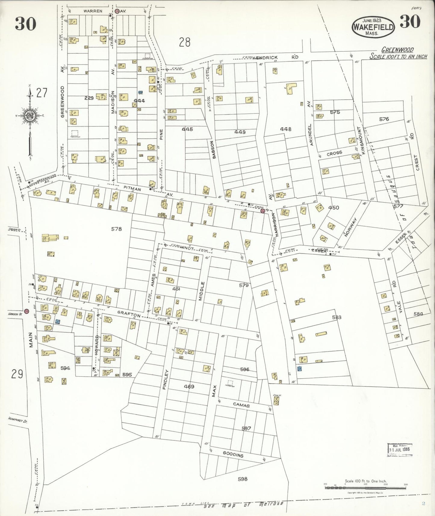 Sanborn Fire Insurance Map from Wakefield, Middlesex County, Massachusetts (1923), Sheet #0030 - Complete Map Set gallery image, historic Sanborn map, vintage wall art, Massachusetts Massachusetts