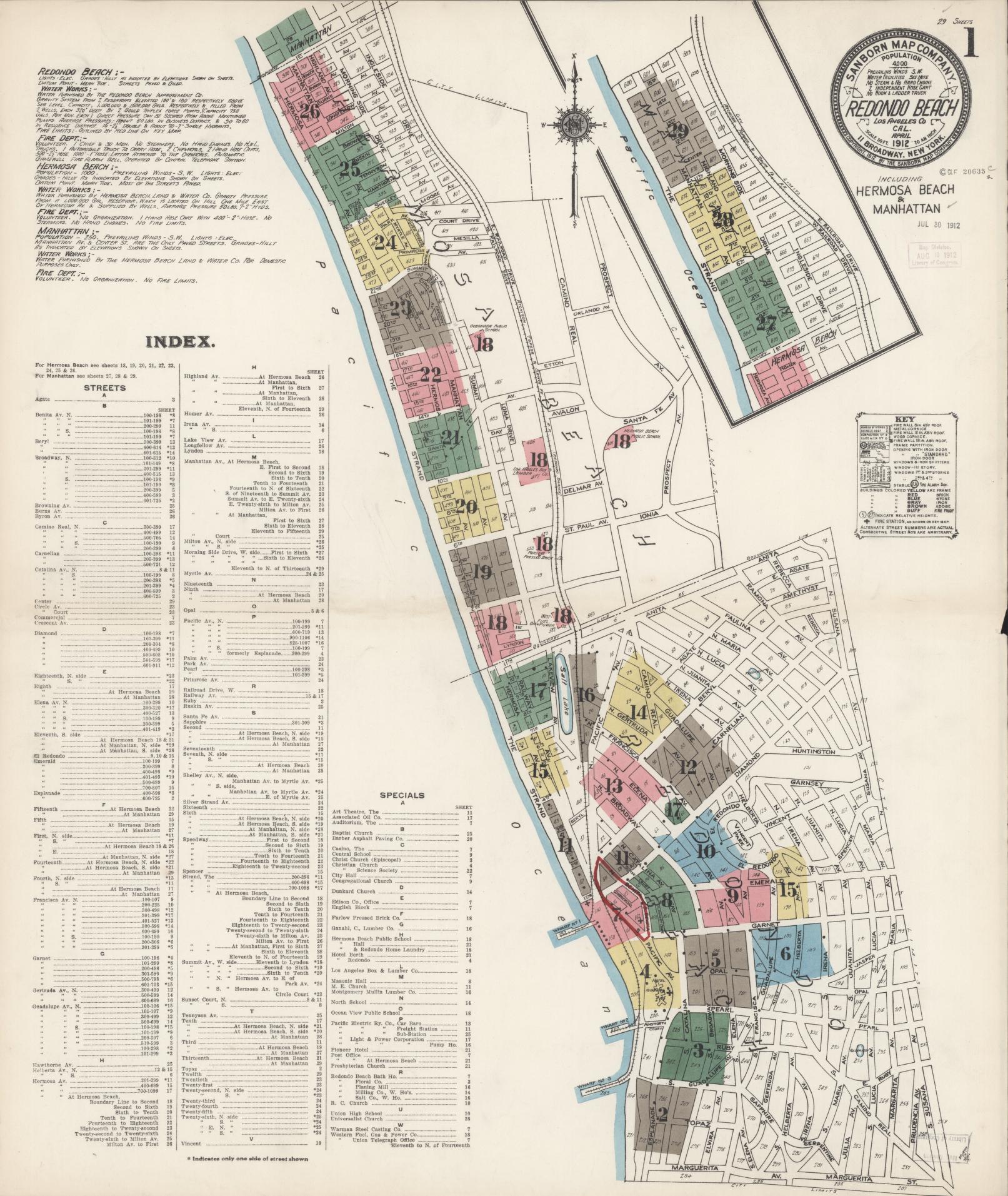 Sanborn Fire Insurance Map from Redondo Beach, Los Angeles County, California (1912), Sheet #0001 - Complete Map Set gallery image, historic Sanborn map, vintage wall art, California California