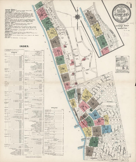 Sanborn Fire Insurance Map from Redondo Beach, Los Angeles County, California (1912), Sheet #0001 - Complete Map Set gallery image, historic Sanborn map, vintage wall art, California California
