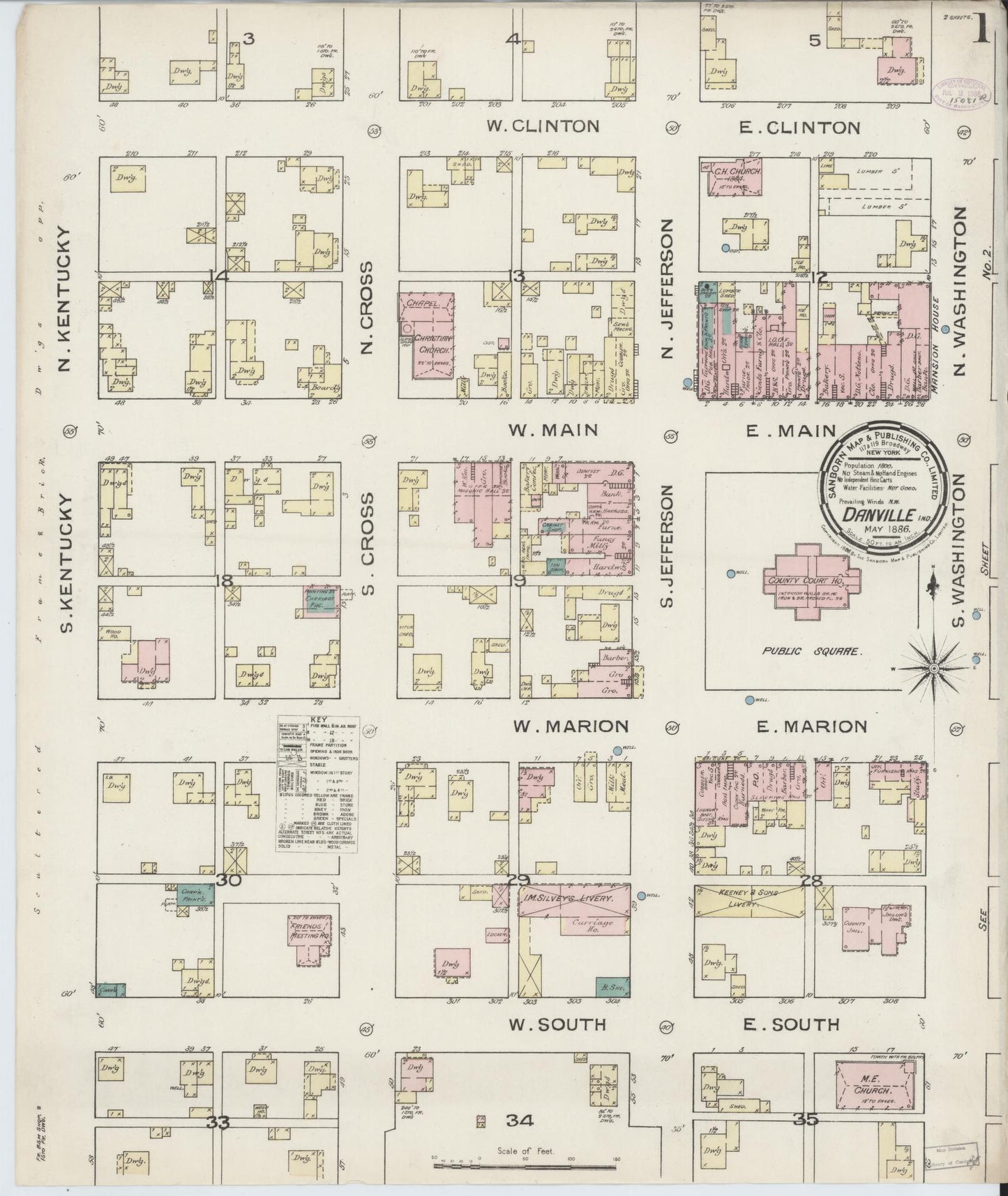 Sanborn Fire Insurance Map from Danville, Hendricks County, Indiana (1886), Sheet #0001 - Historic Sanborn Fire Insurance Map Print, vintage old map wall art, antique decor, genealogy gift, Indiana Indiana map