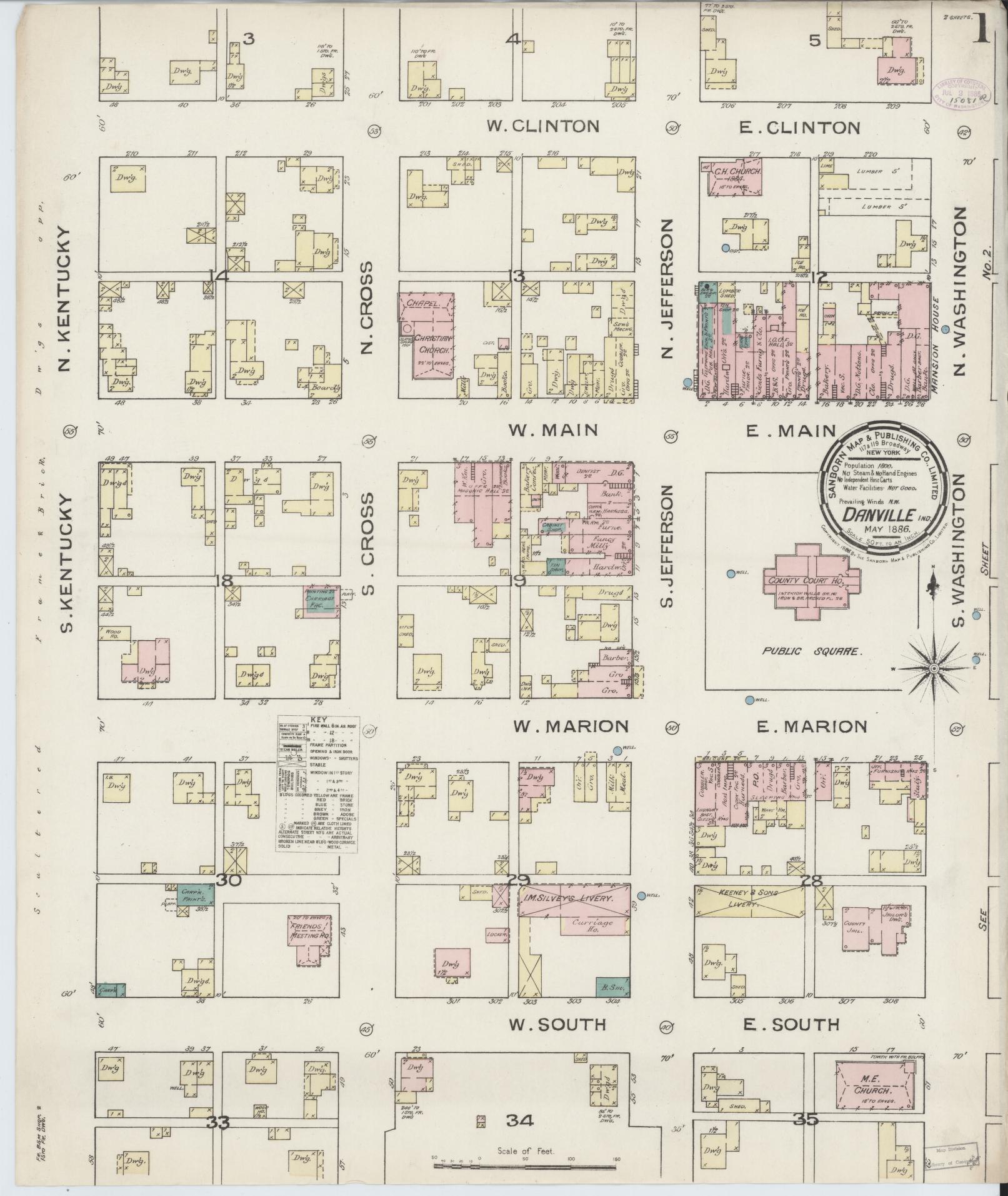 Sanborn Fire Insurance Map from Danville, Hendricks County, Indiana (1886), Sheet #0001 - Historic Sanborn Fire Insurance Map Print, vintage old map wall art, antique decor, genealogy gift, Indiana Indiana map