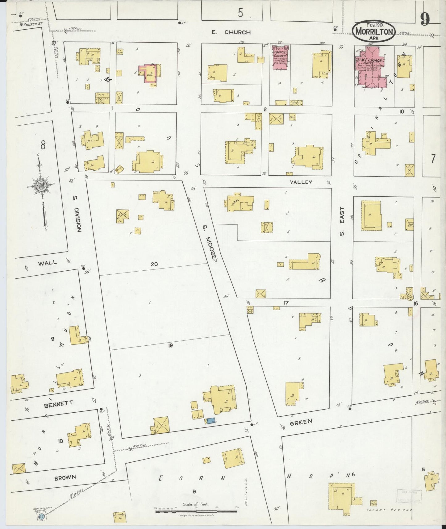 Sanborn Fire Insurance Map from Morrilton, Conway County, Arkansas (1919), Sheet #0009 - Complete Map Set gallery image, historic Sanborn map, vintage wall art, Arkansas Arkansas