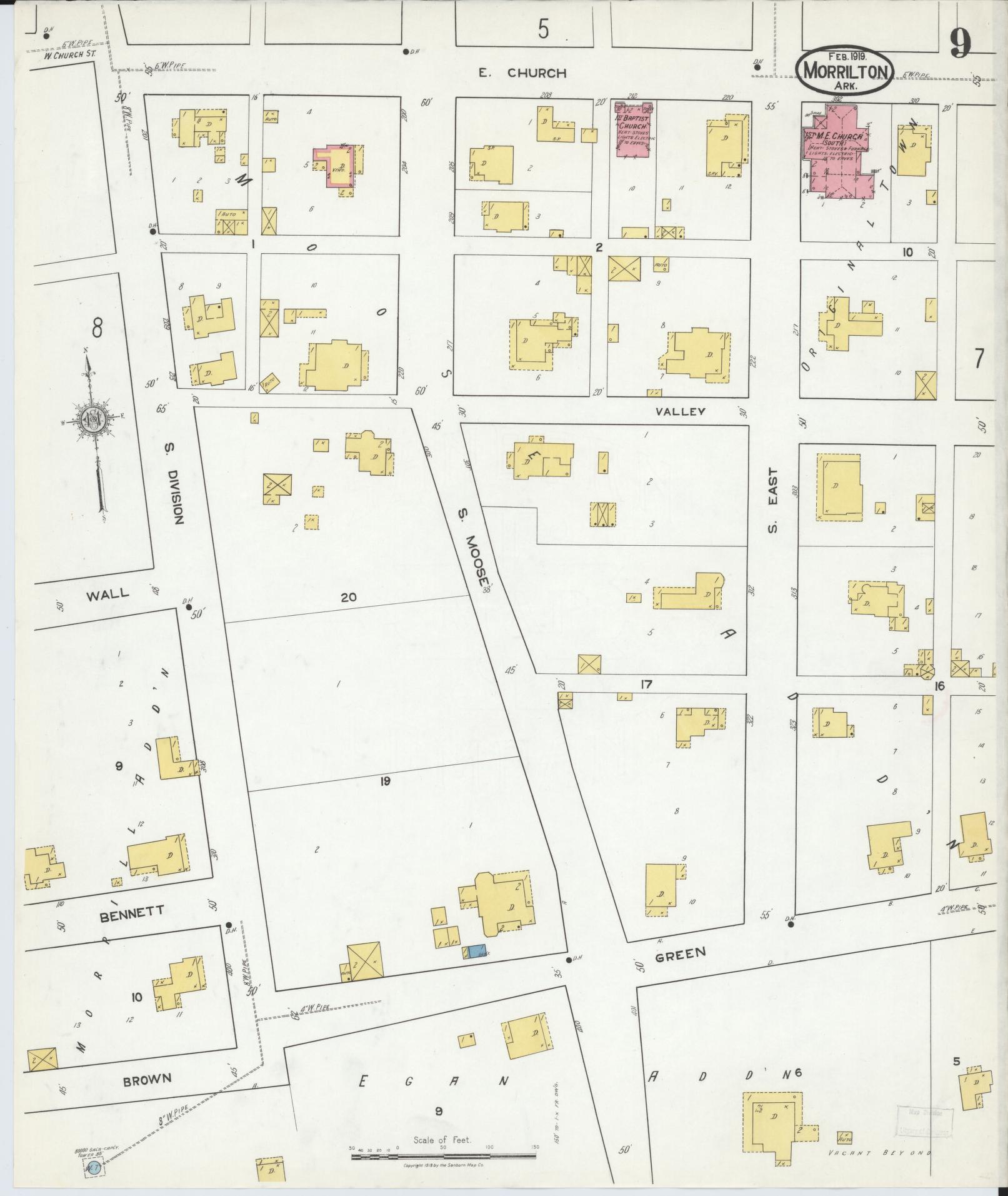 Sanborn Fire Insurance Map from Morrilton, Conway County, Arkansas (1919), Sheet #0009 - Complete Map Set gallery image, historic Sanborn map, vintage wall art, Arkansas Arkansas