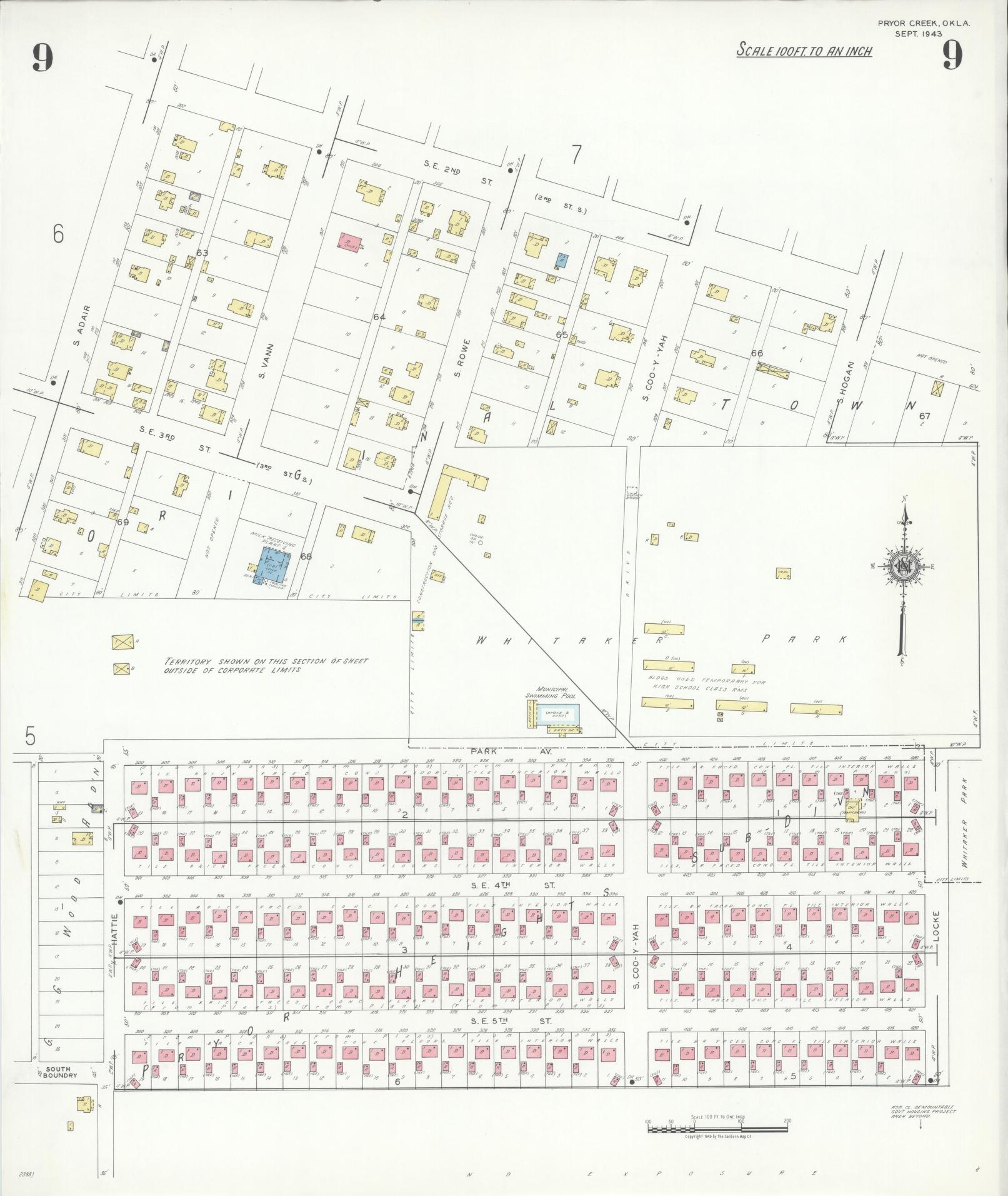 Sanborn Fire Insurance Map from Pryor Creek, Mayes County, Oklahoma (1943), Sheet #0009 - Historic Sanborn Fire Insurance Map Print, vintage old map wall art, antique decor, genealogy gift, Oklahoma Oklahoma map